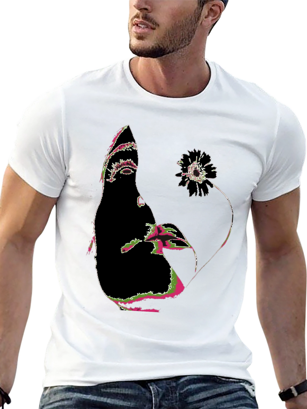 Abstract Face and Flower Graphic Tee