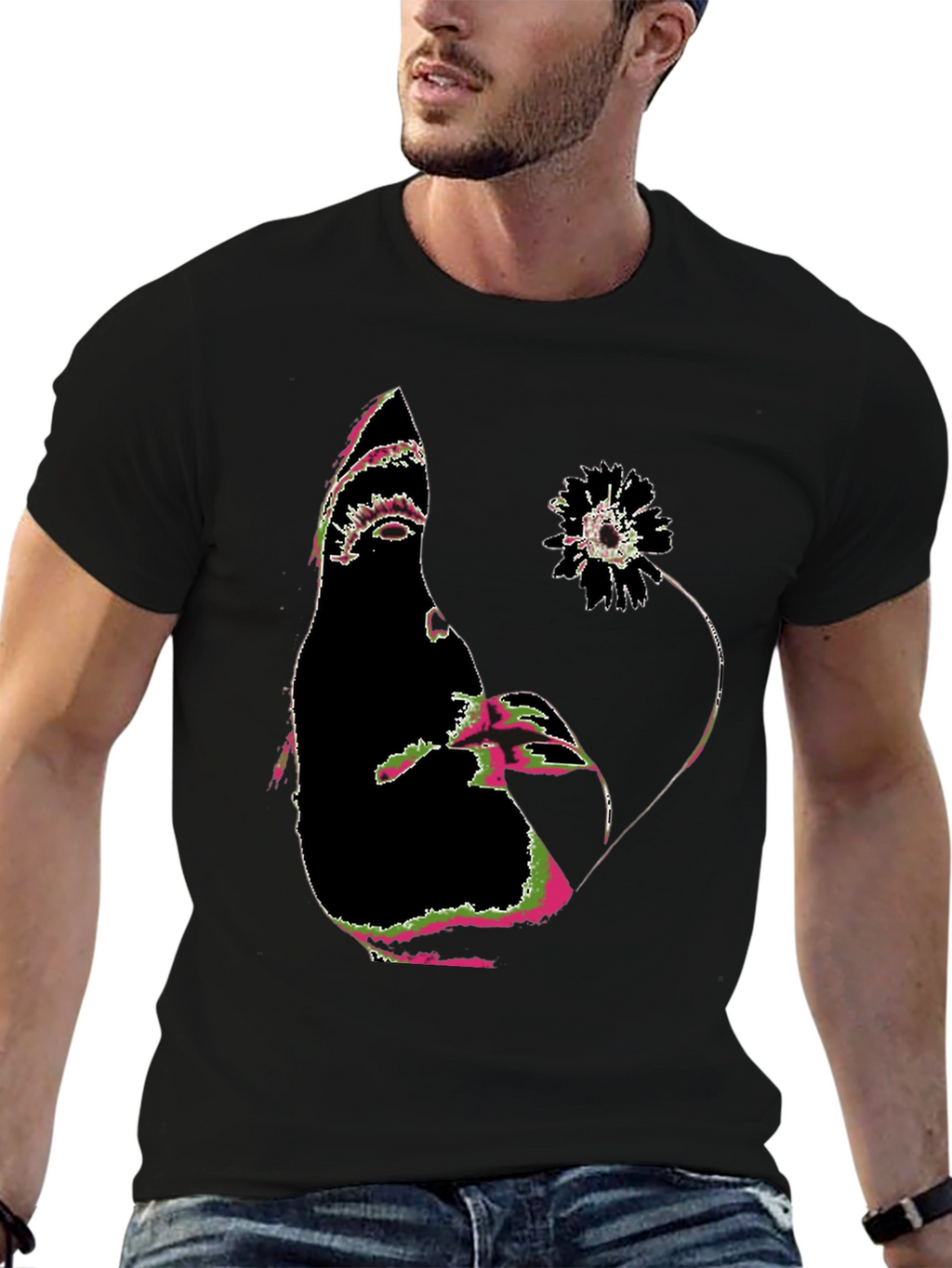 Abstract Face and Flower Graphic Tee