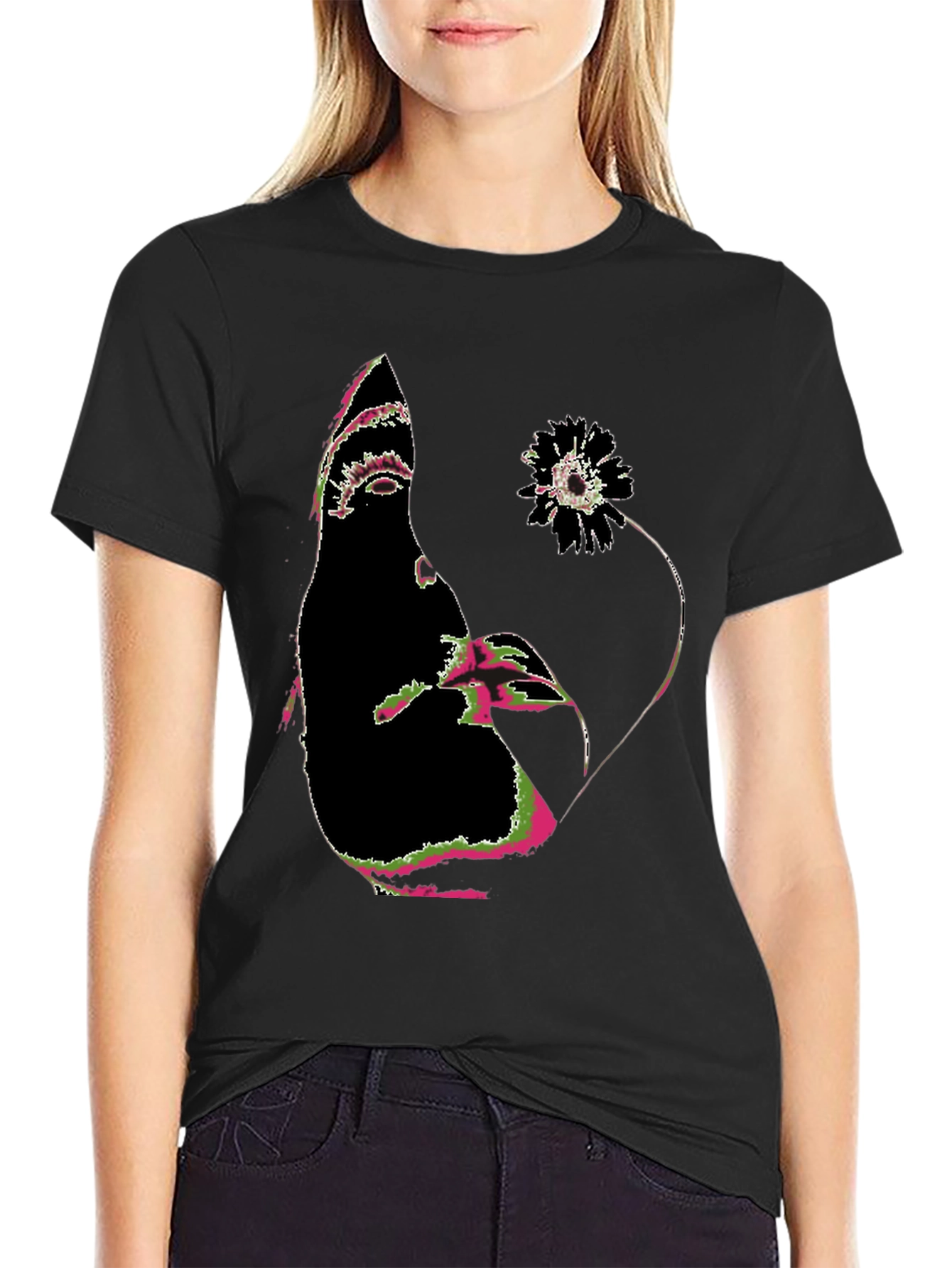 Abstract Face and Flower Graphic Tee