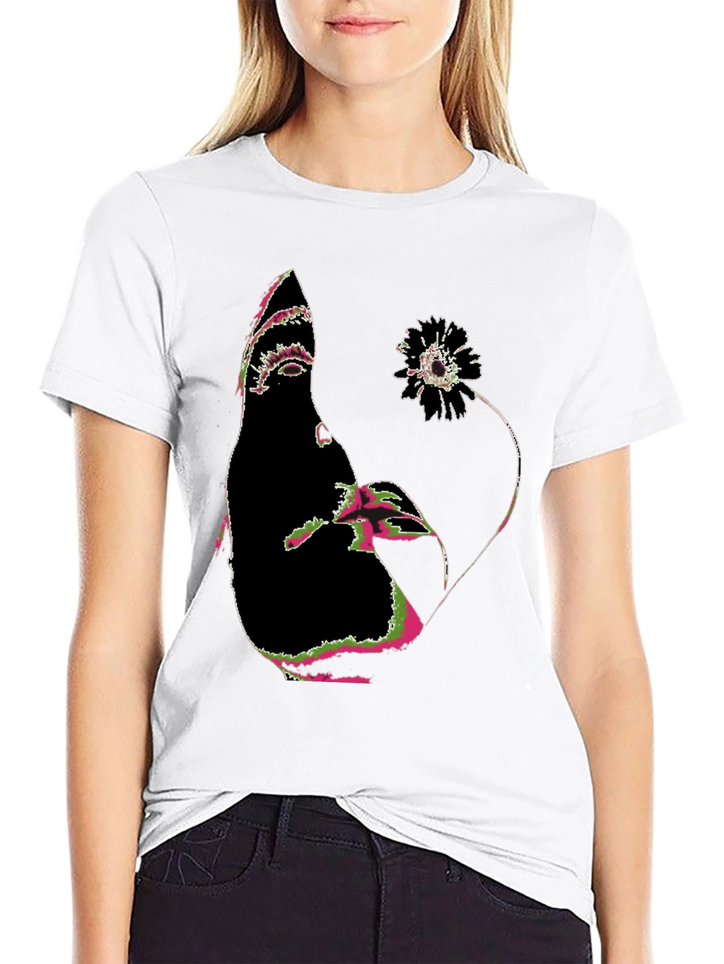 Abstract Face and Flower Graphic Tee