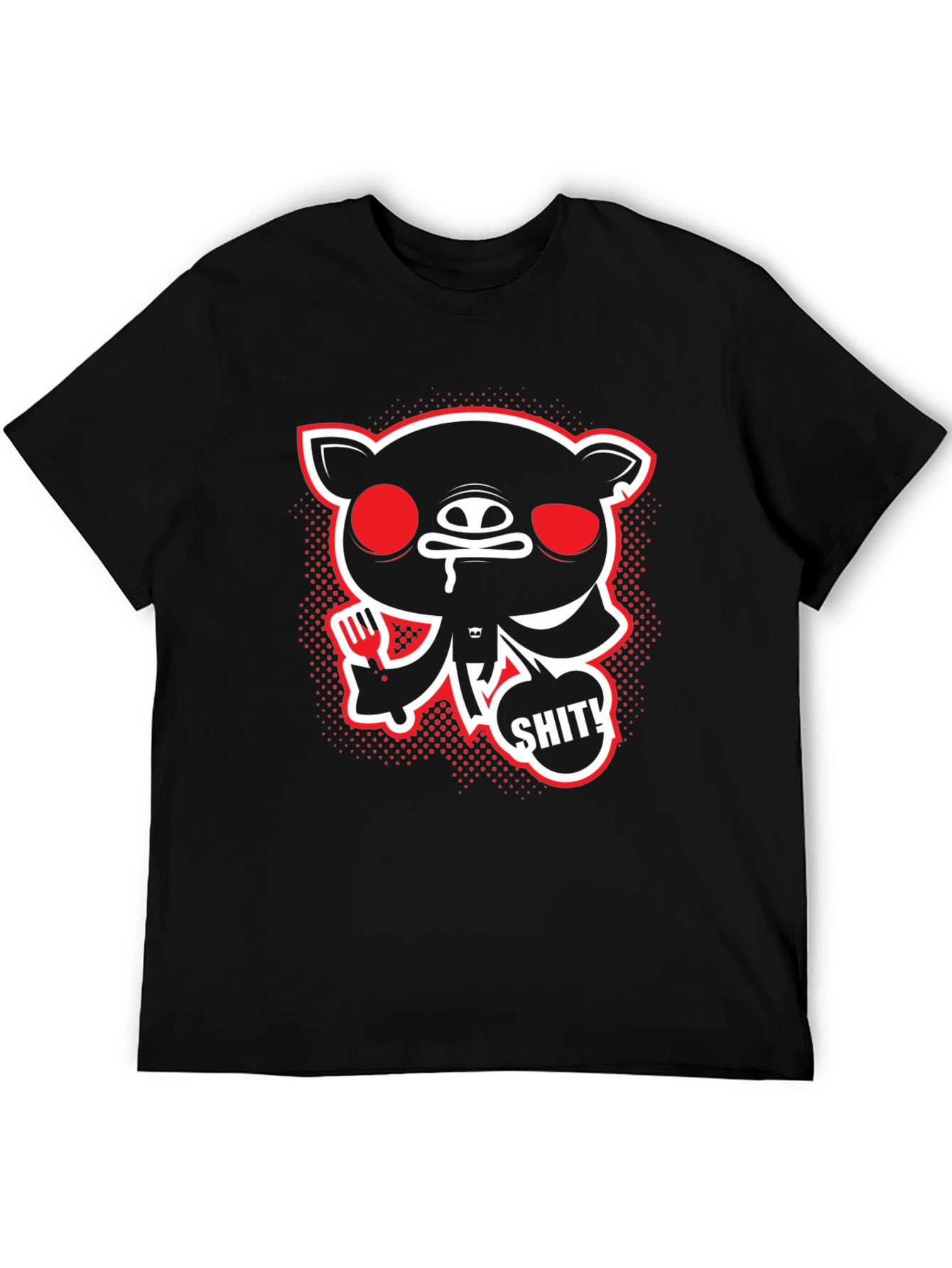 Mens Black Graphic Tee - Cartoon Pig with SHIT! Bubble