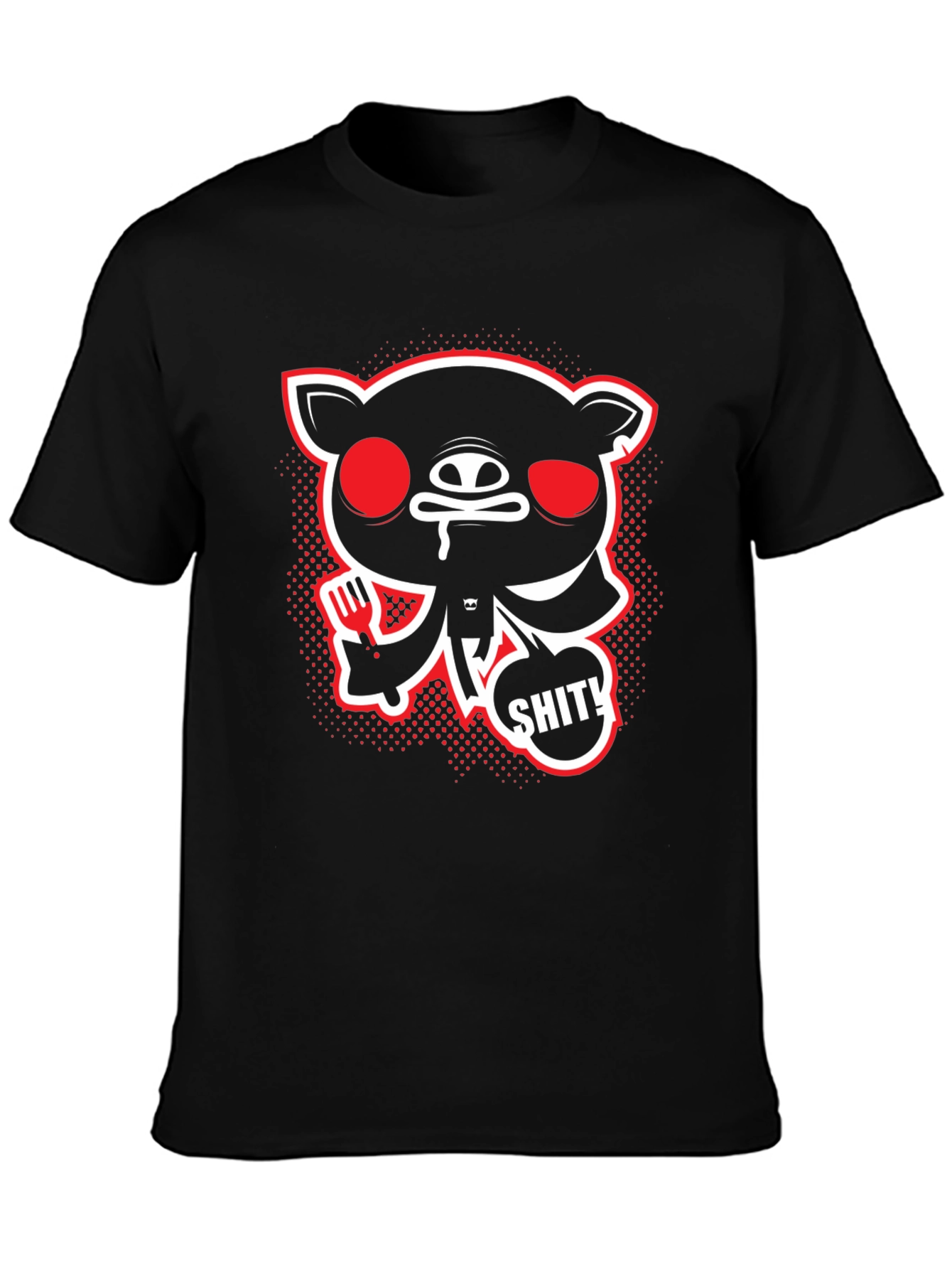 Mens Black Graphic Tee - Cartoon Pig with SHIT! Bubble