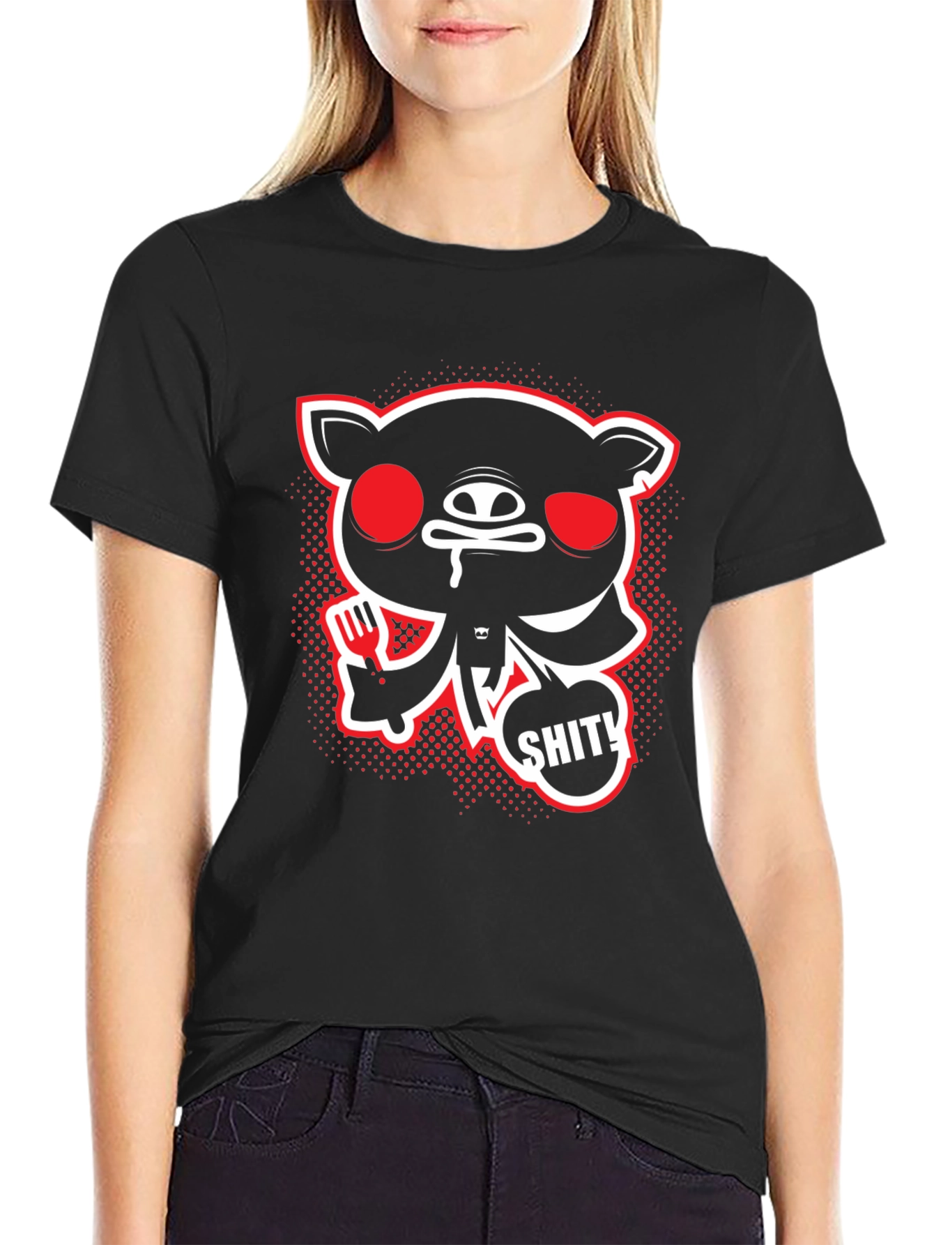 Mens Black Graphic Tee - Cartoon Pig with SHIT! Bubble