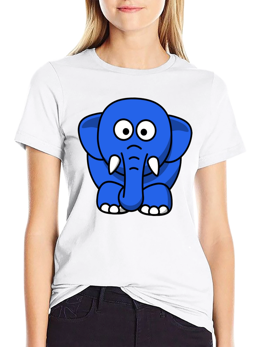 Cute Blue Cartoon Elephant Black T-Shirt