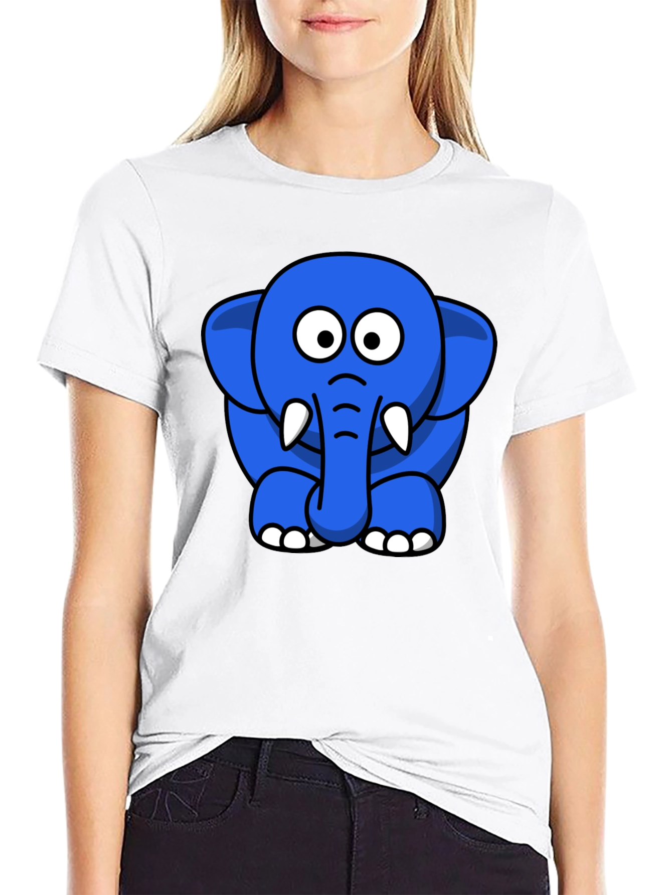 Cute Blue Cartoon Elephant Black T-Shirt
