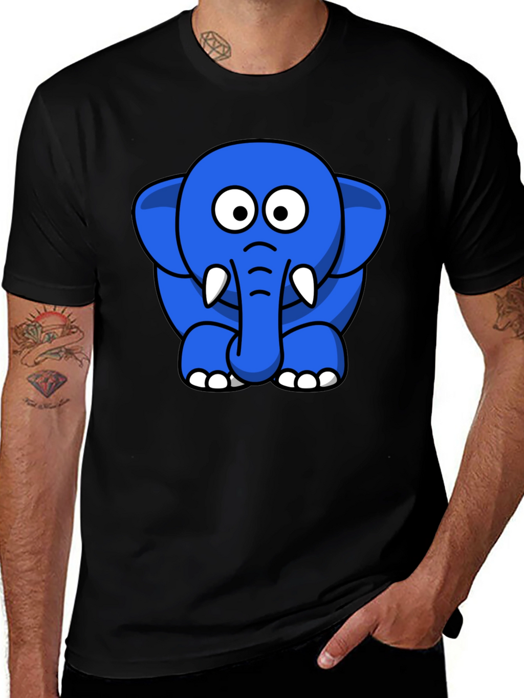 Cute Blue Cartoon Elephant Black T-Shirt