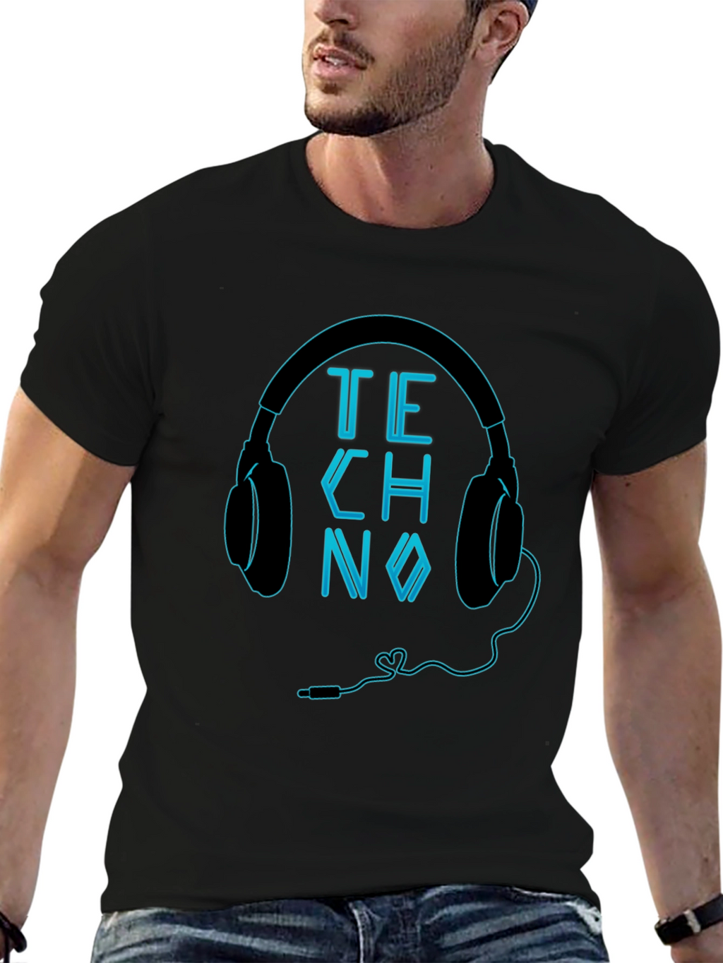 Techno Headphones Graphic Black T-Shirt