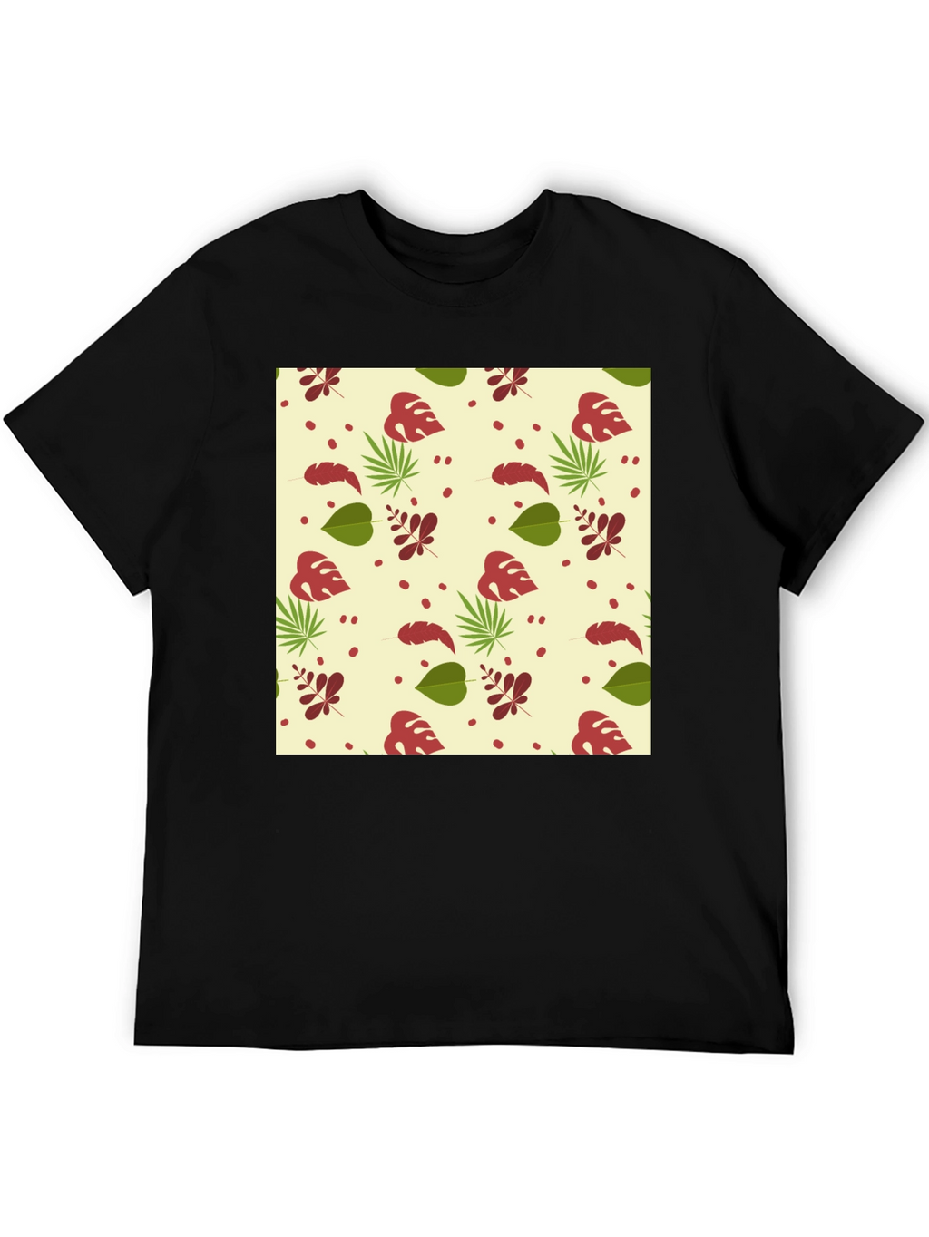 Tropical Leaves Pattern Black T-Shirt