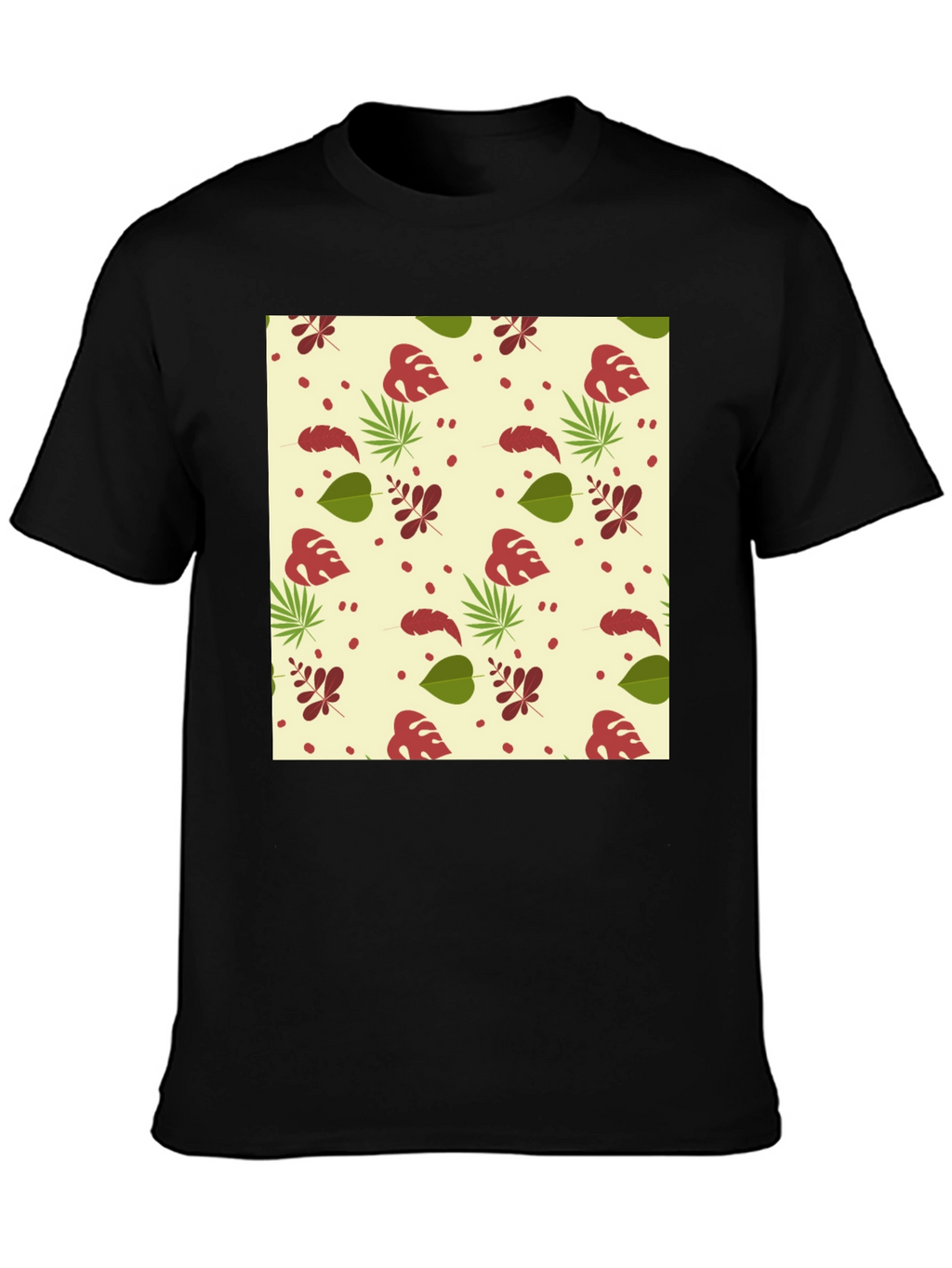 Tropical Leaves Pattern Black T-Shirt