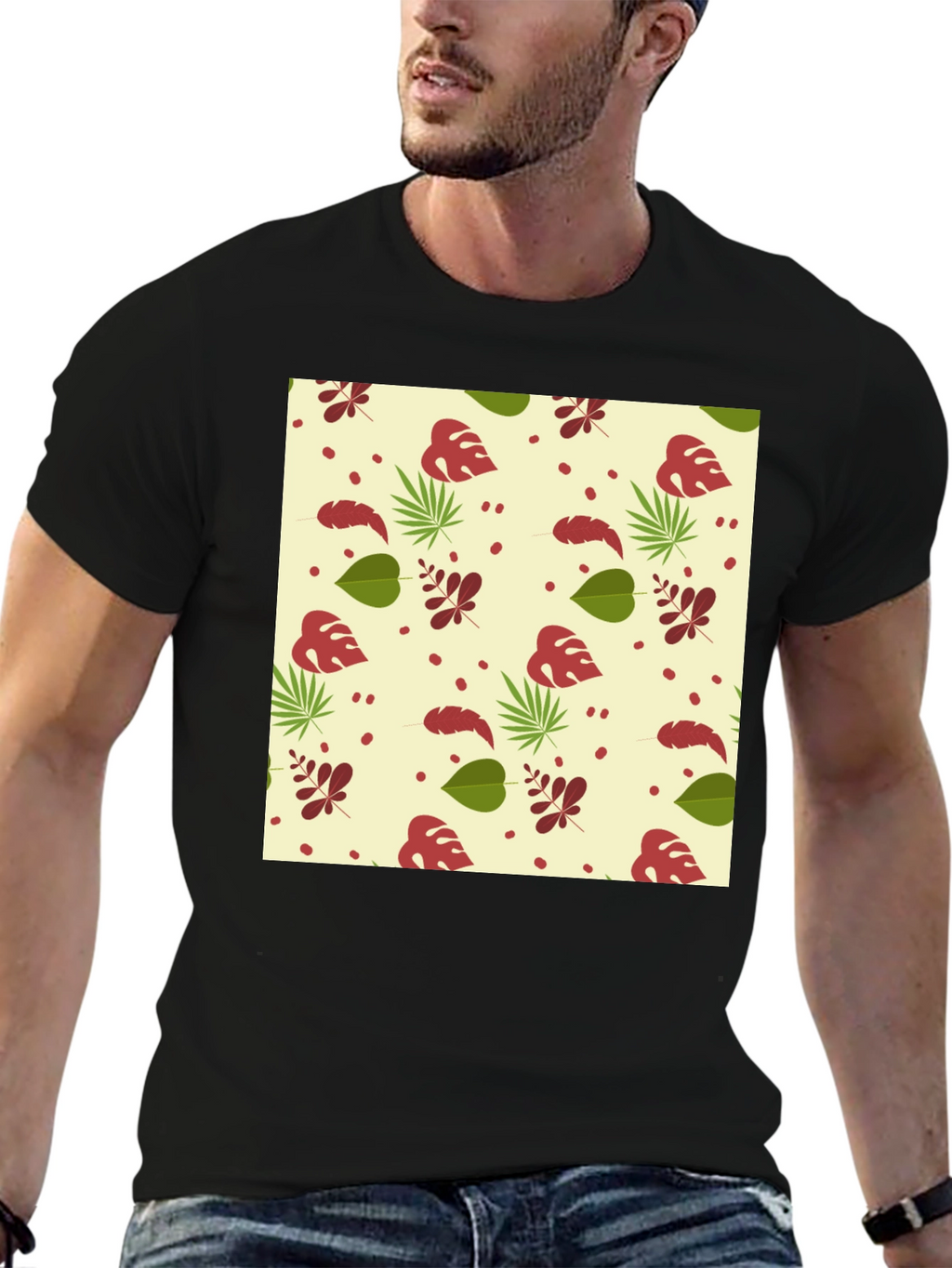 Tropical Leaves Pattern Black T-Shirt