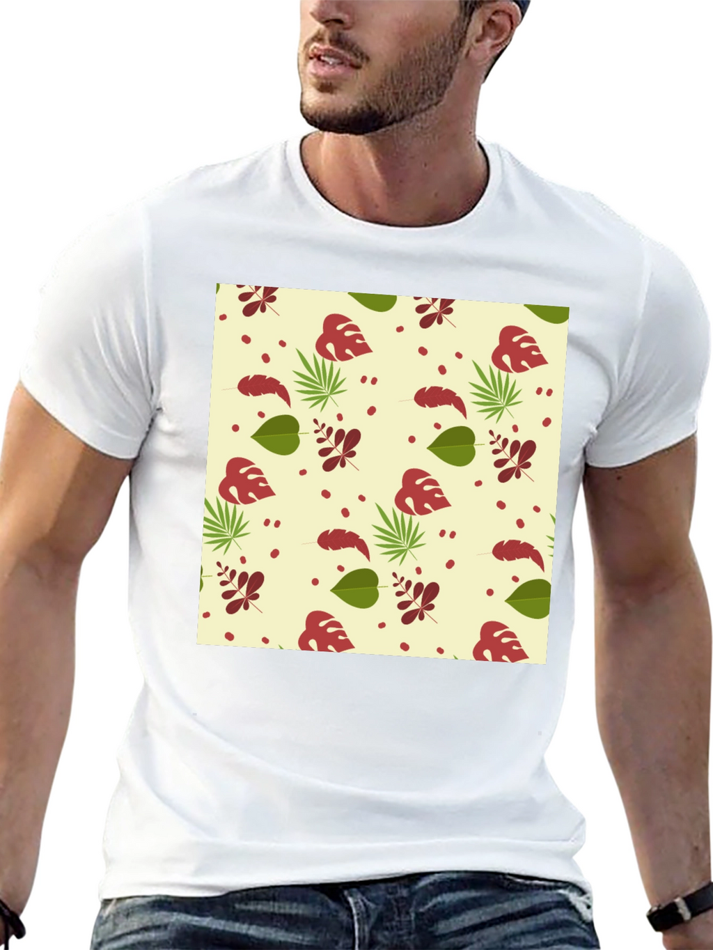 Tropical Leaves Pattern Black T-Shirt