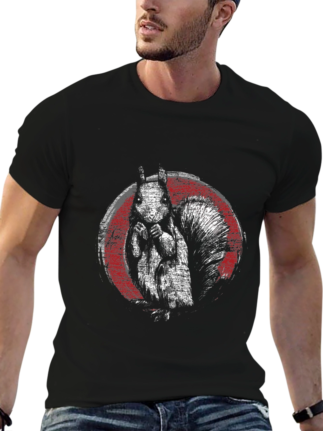 Squirrel Graphic Print Black T-Shirt