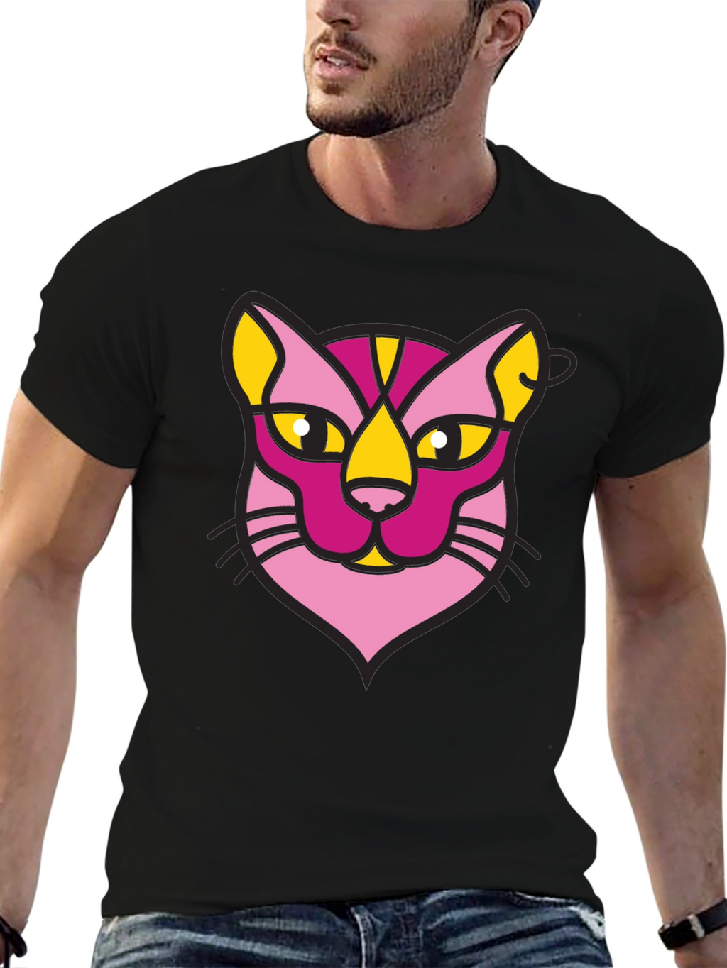 Abstract Cat Graphic Black T-Shirt