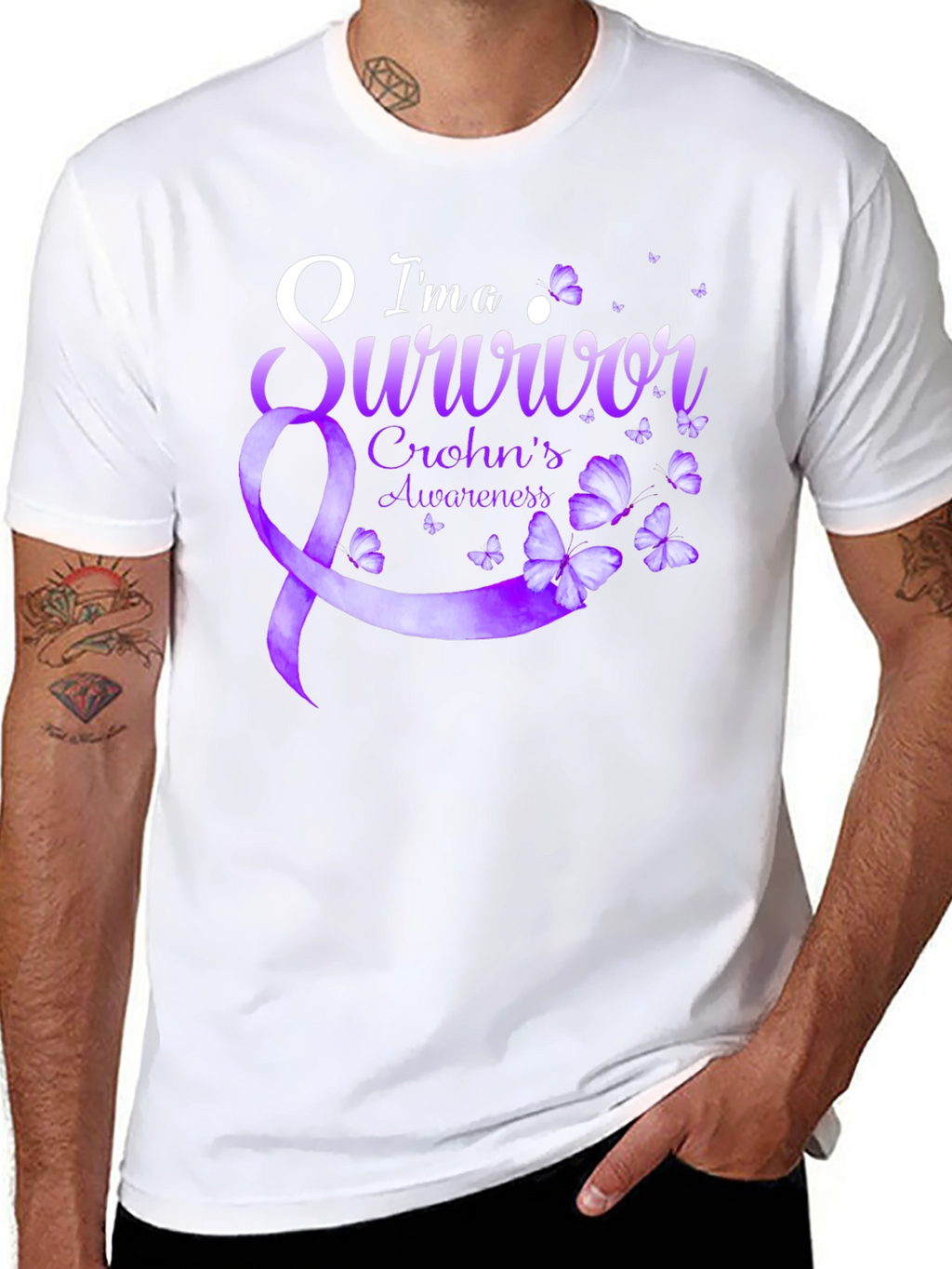 Crohns Awareness Survivor T-Shirt - Purple Ribbon Butterfly