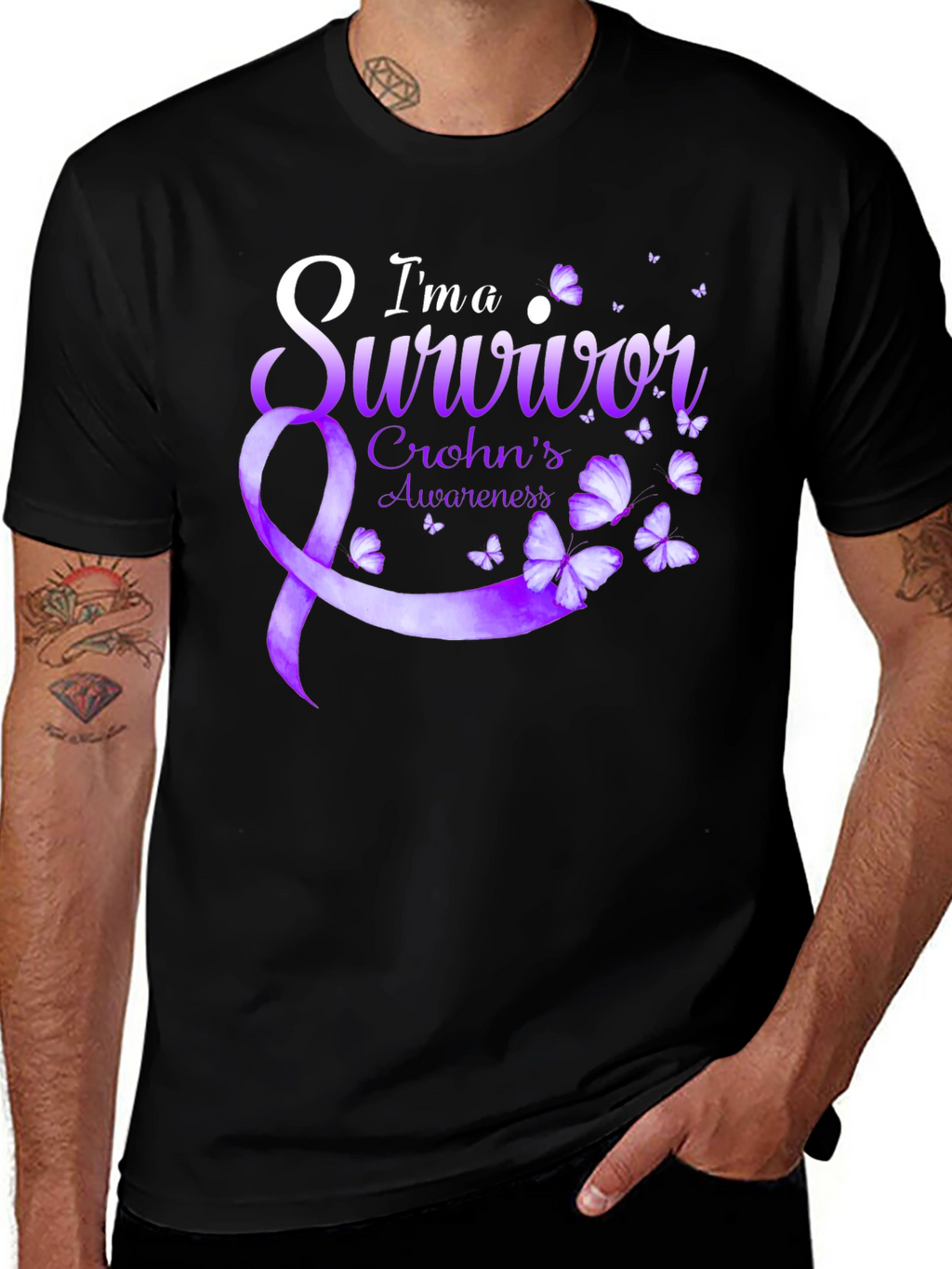 Crohns Awareness Survivor T-Shirt - Purple Ribbon Butterfly