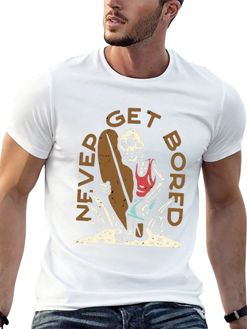 Never Get Bored Skeleton Surfer Graphic Tee