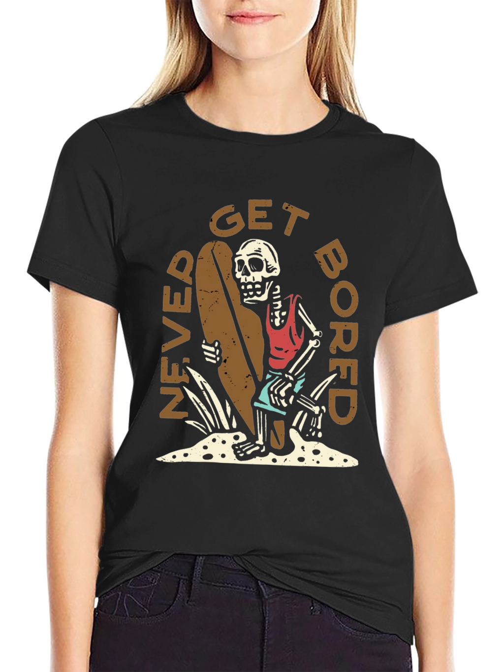 Never Get Bored Skeleton Surfer Graphic Tee