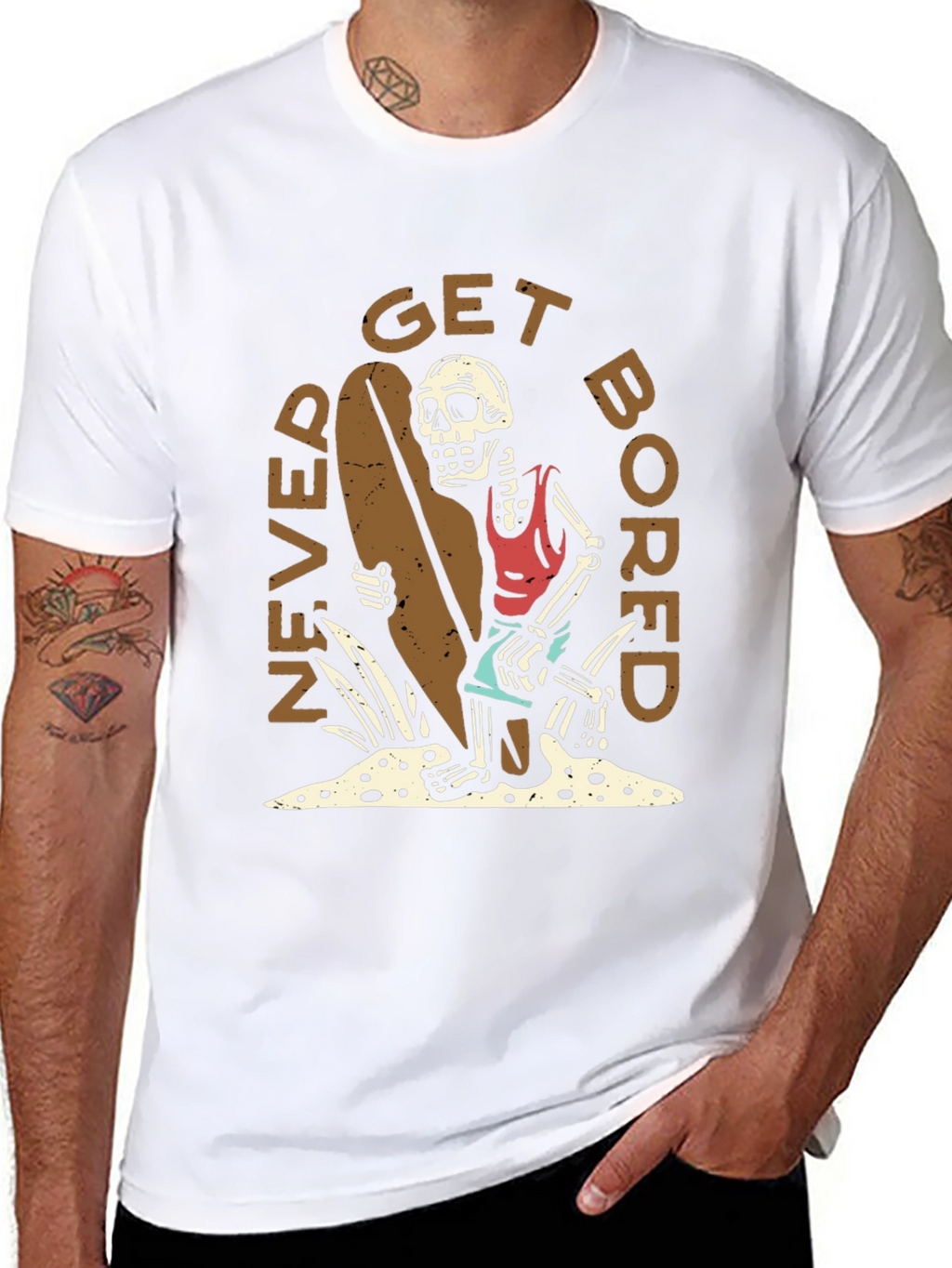 Never Get Bored Skeleton Surfer Graphic Tee