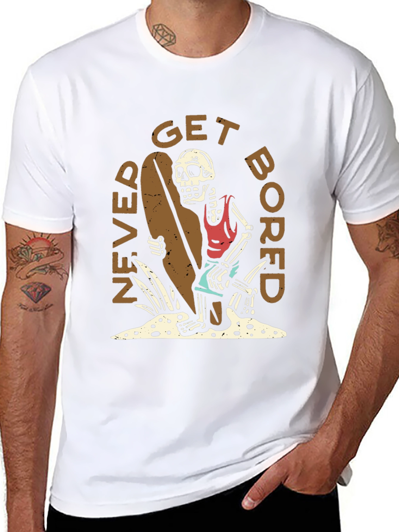Never Get Bored Skeleton Surfer Graphic Tee
