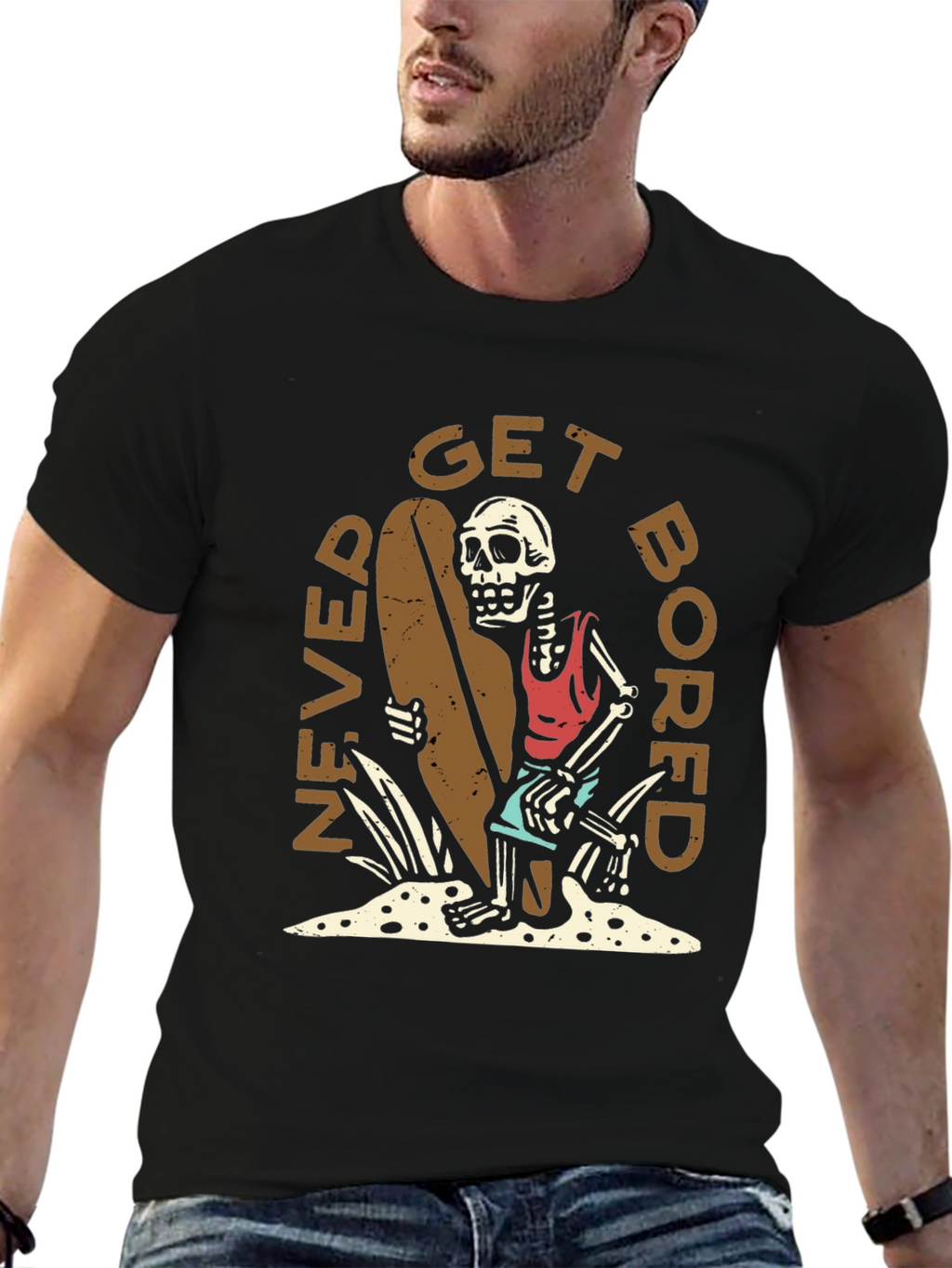 Never Get Bored Skeleton Surfer Graphic Tee