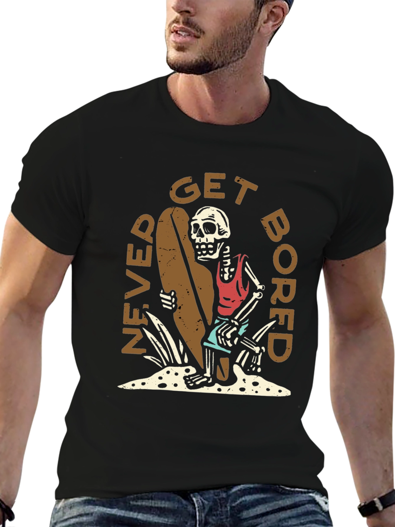 Never Get Bored Skeleton Surfer Graphic Tee