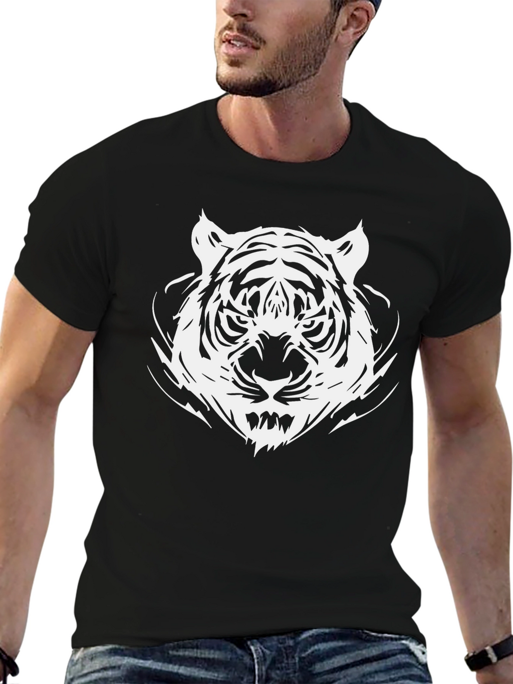 Bold Tiger Graphic Tee - Black Cotton T-Shirt