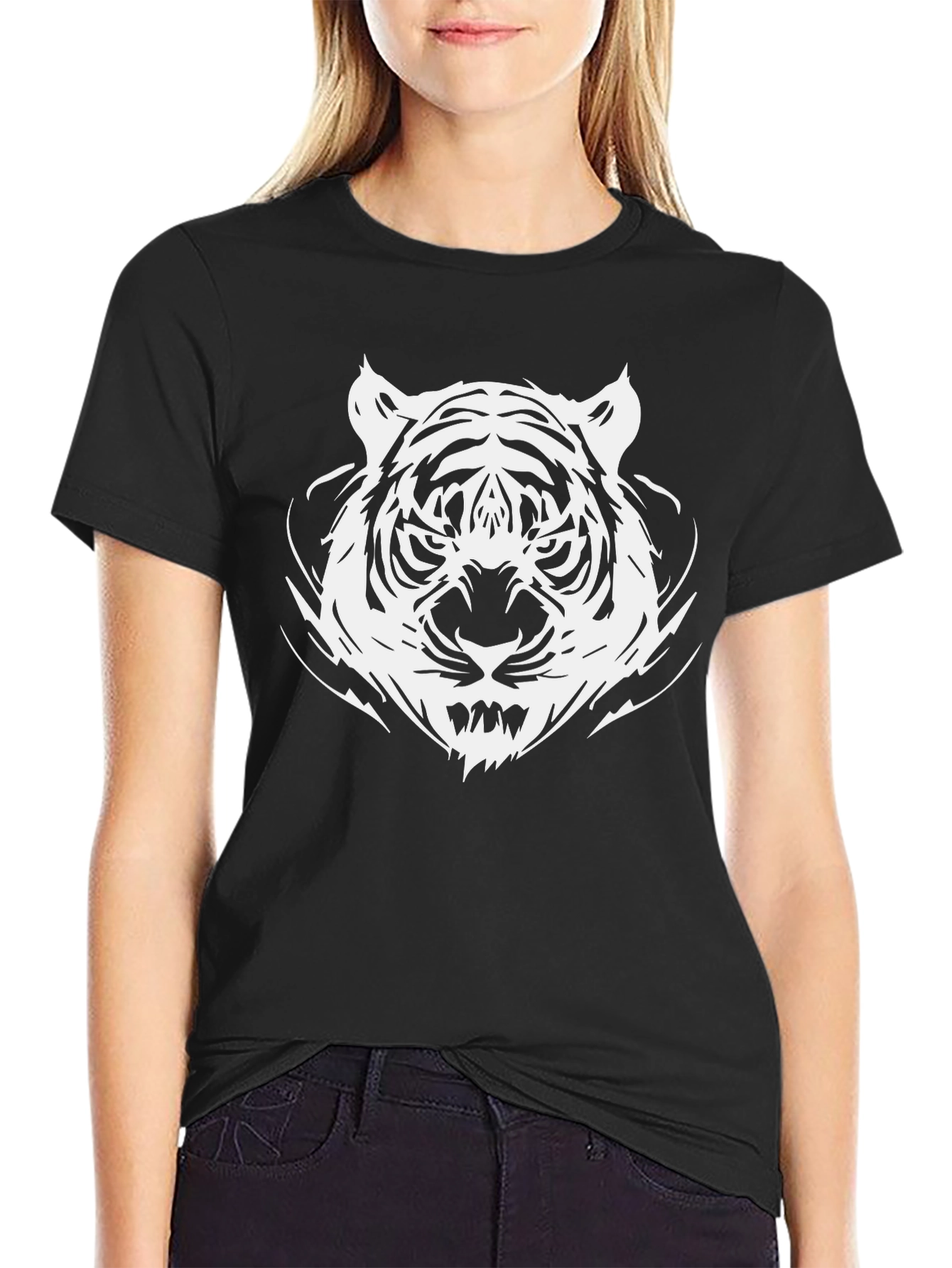 Bold Tiger Graphic Tee - Black Cotton T-Shirt