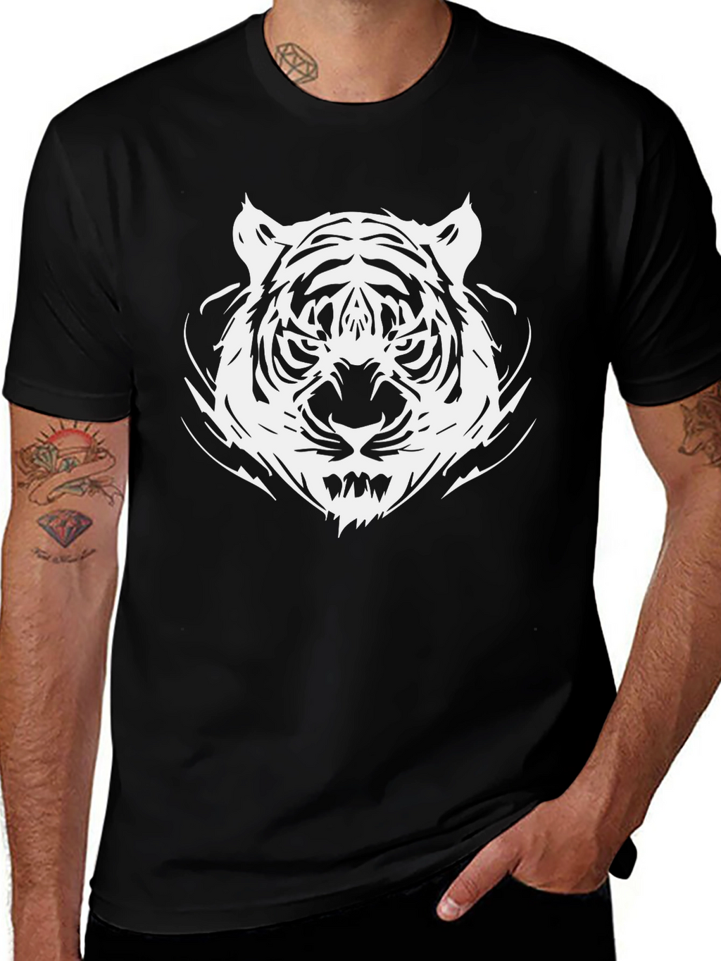 Bold Tiger Graphic Tee - Black Cotton T-Shirt
