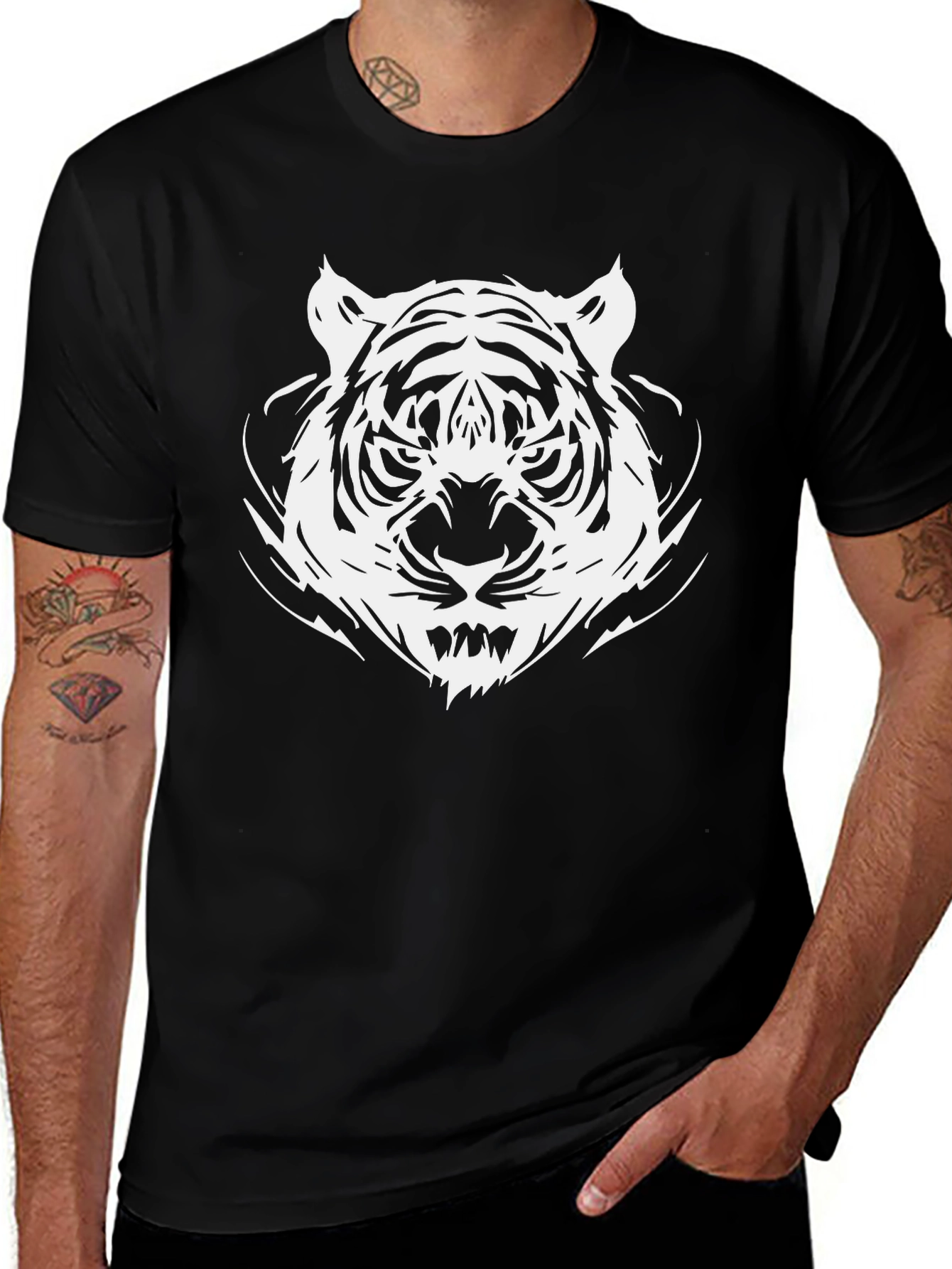 Bold Tiger Graphic Tee - Black Cotton T-Shirt