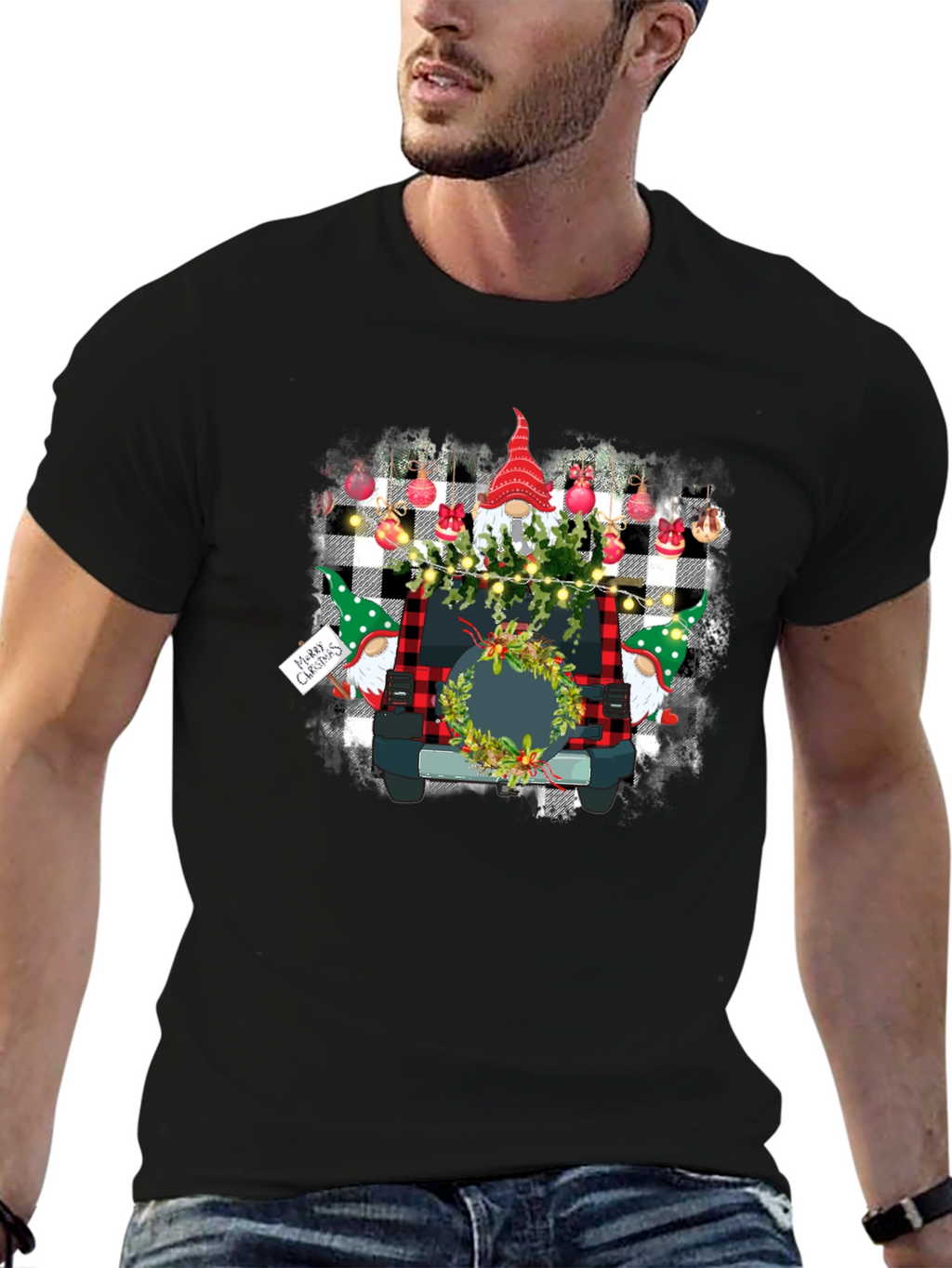 Gnome Christmas Jeep Black T-Shirt