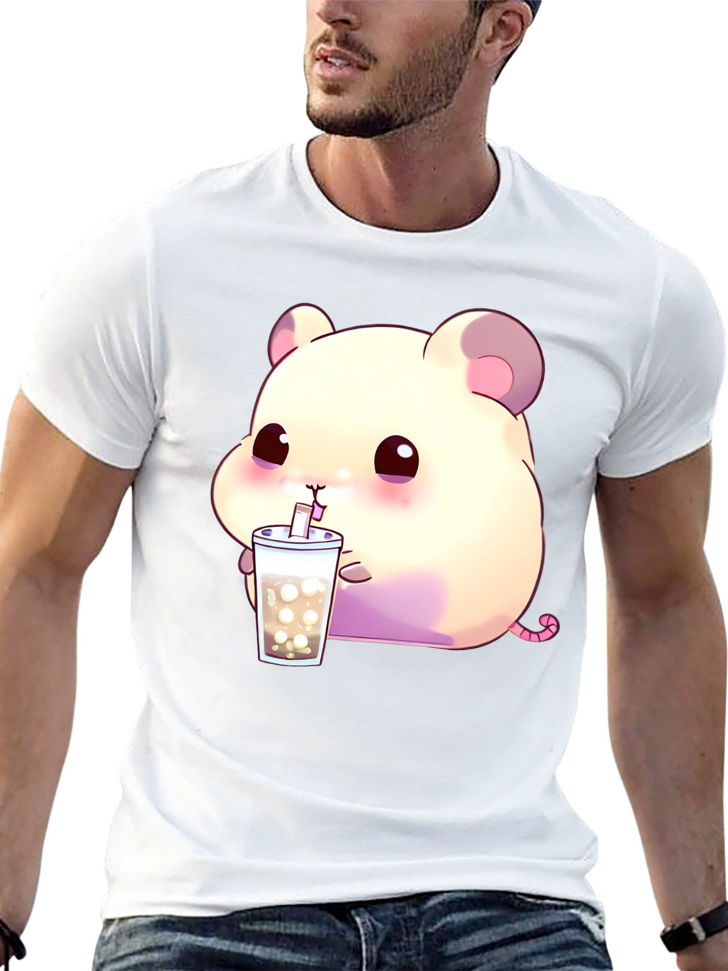 Cute Hamster Bubble Tea Graphic T-Shirt - Black