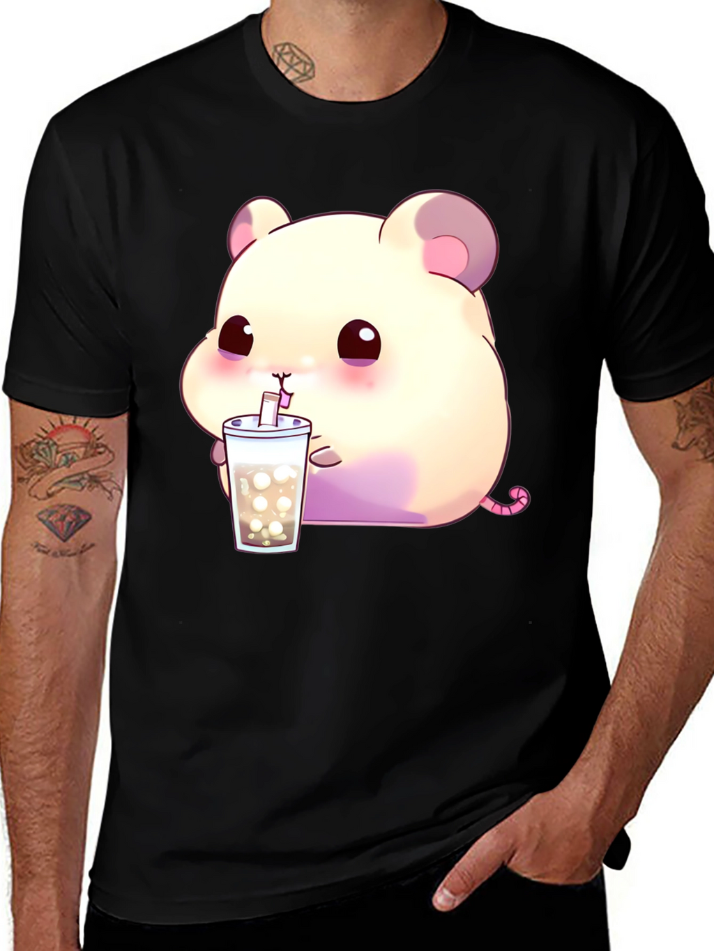 Cute Hamster Bubble Tea Graphic T-Shirt - Black