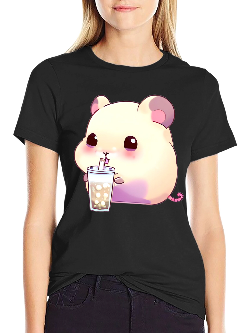 Cute Hamster Bubble Tea Graphic T-Shirt - Black