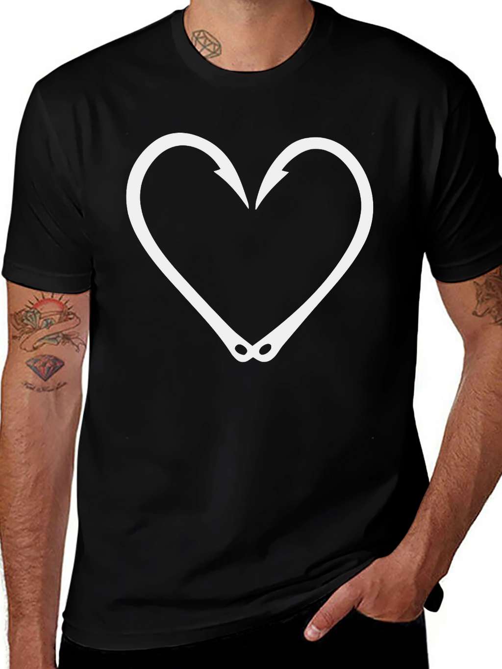 Fishing Hook Heart Graphic Tee - Black