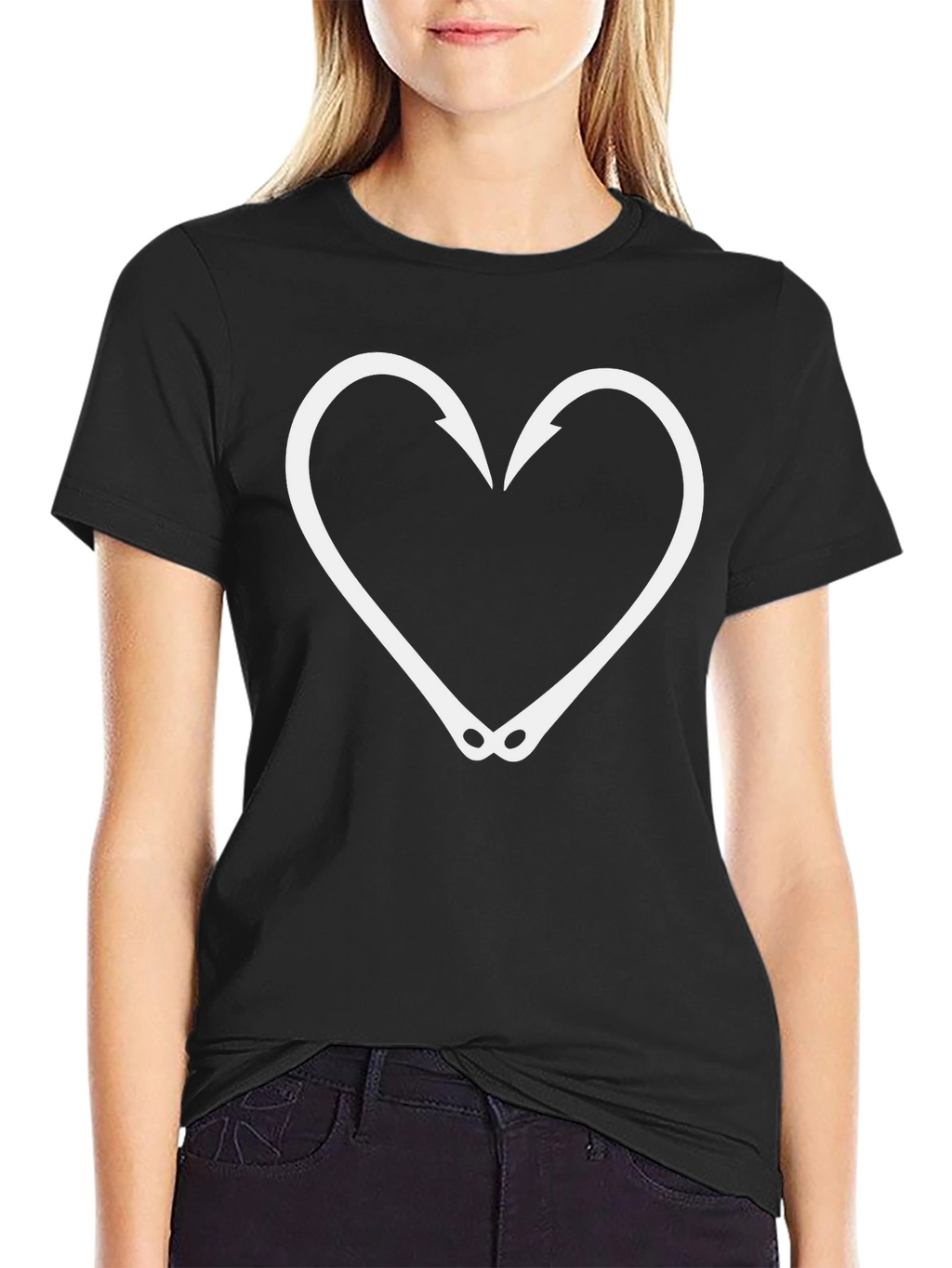 Fishing Hook Heart Graphic Tee - Black