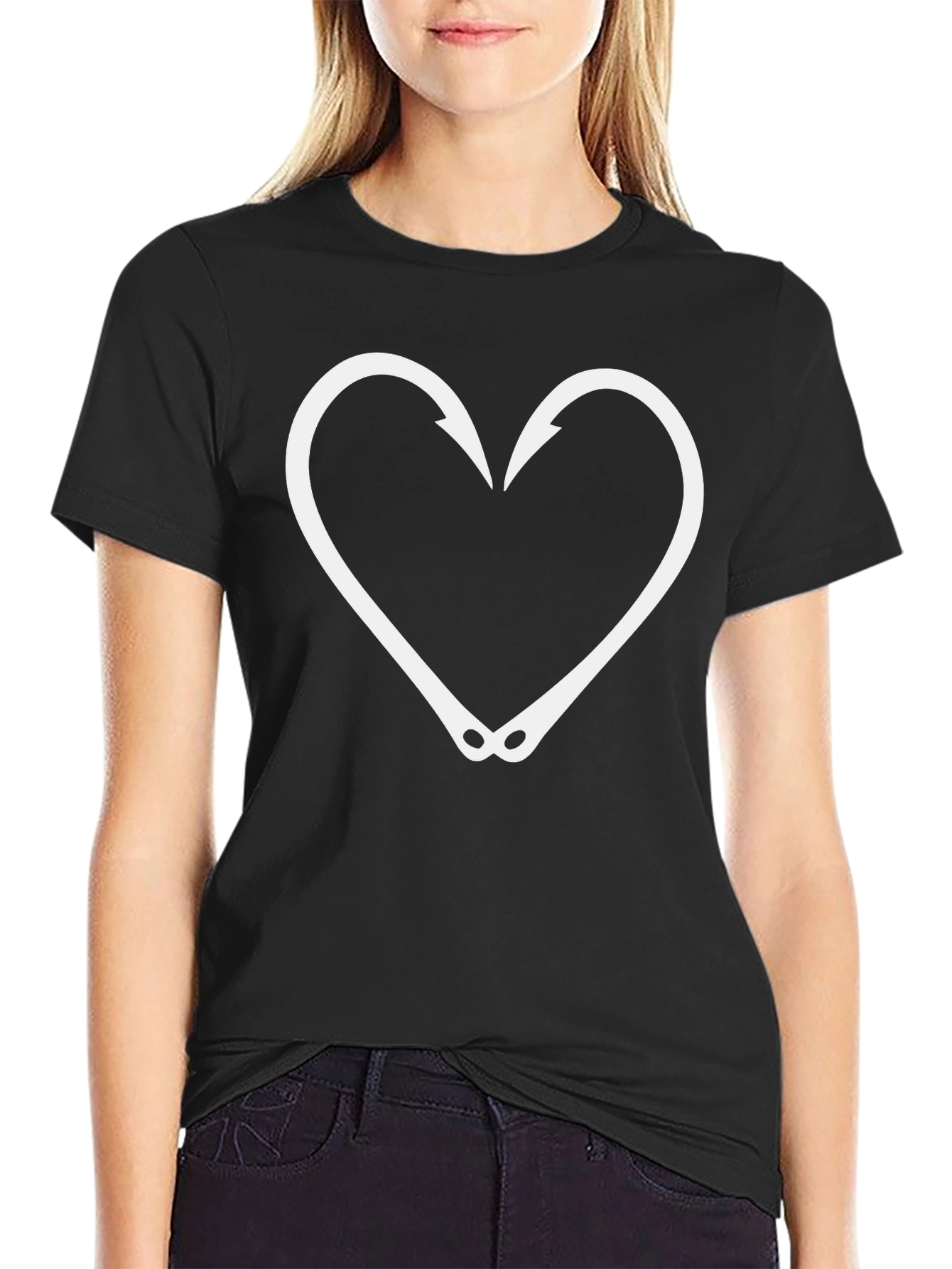 Fishing Hook Heart Graphic Tee - Black