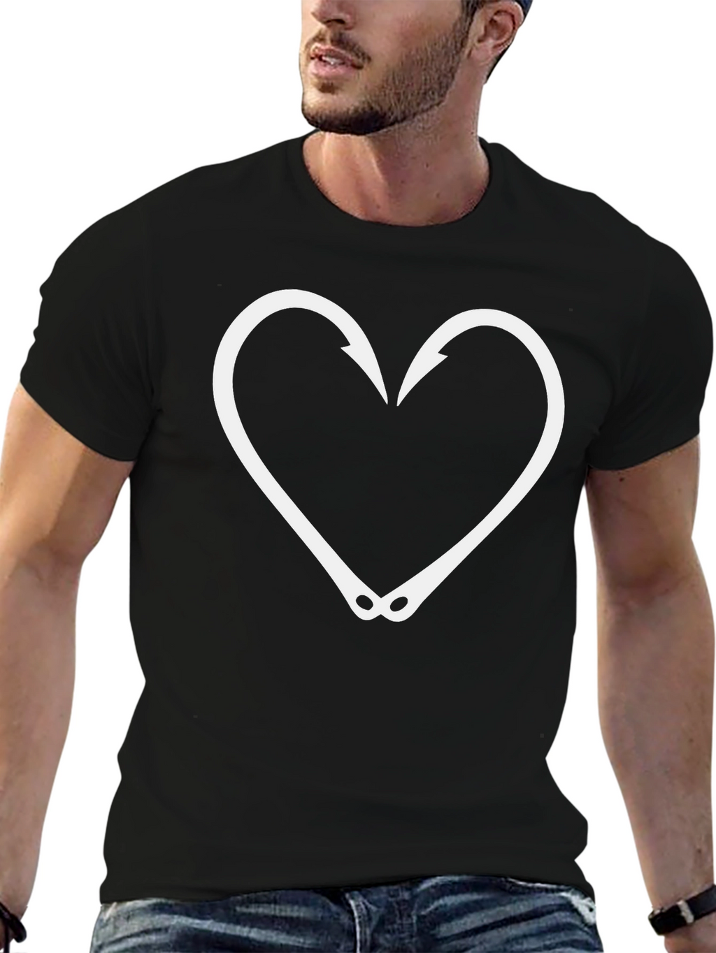 Fishing Hook Heart Graphic Tee - Black