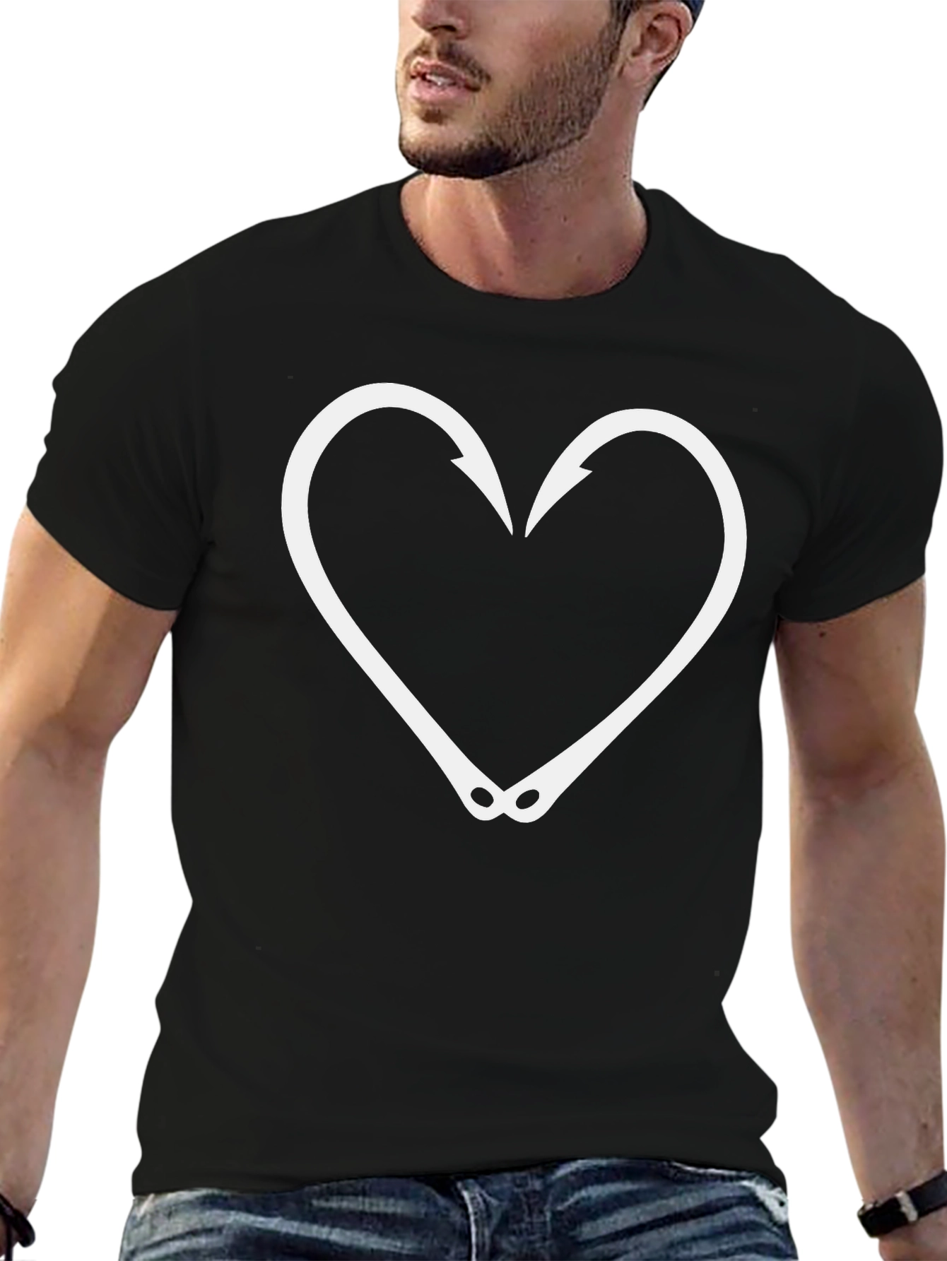 Fishing Hook Heart Graphic Tee - Black
