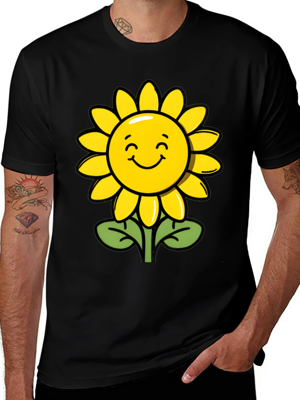 Happy Sunflower Graphic Tee - Black Cotton T-Shirt