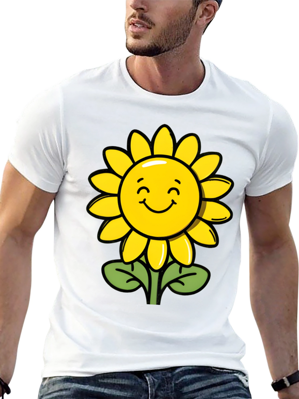 Happy Sunflower Graphic Tee - Black Cotton T-Shirt