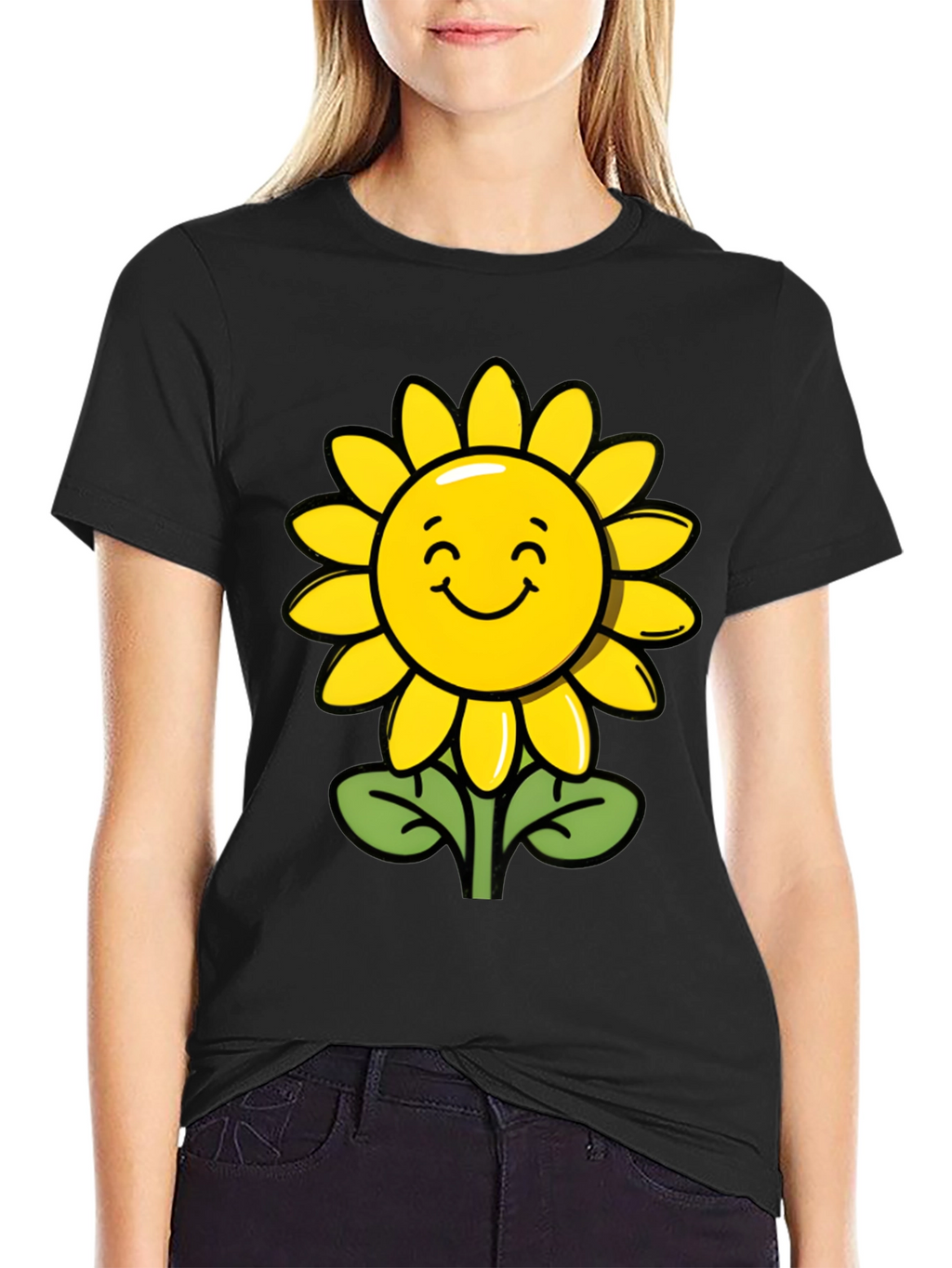 Happy Sunflower Graphic Tee - Black Cotton T-Shirt