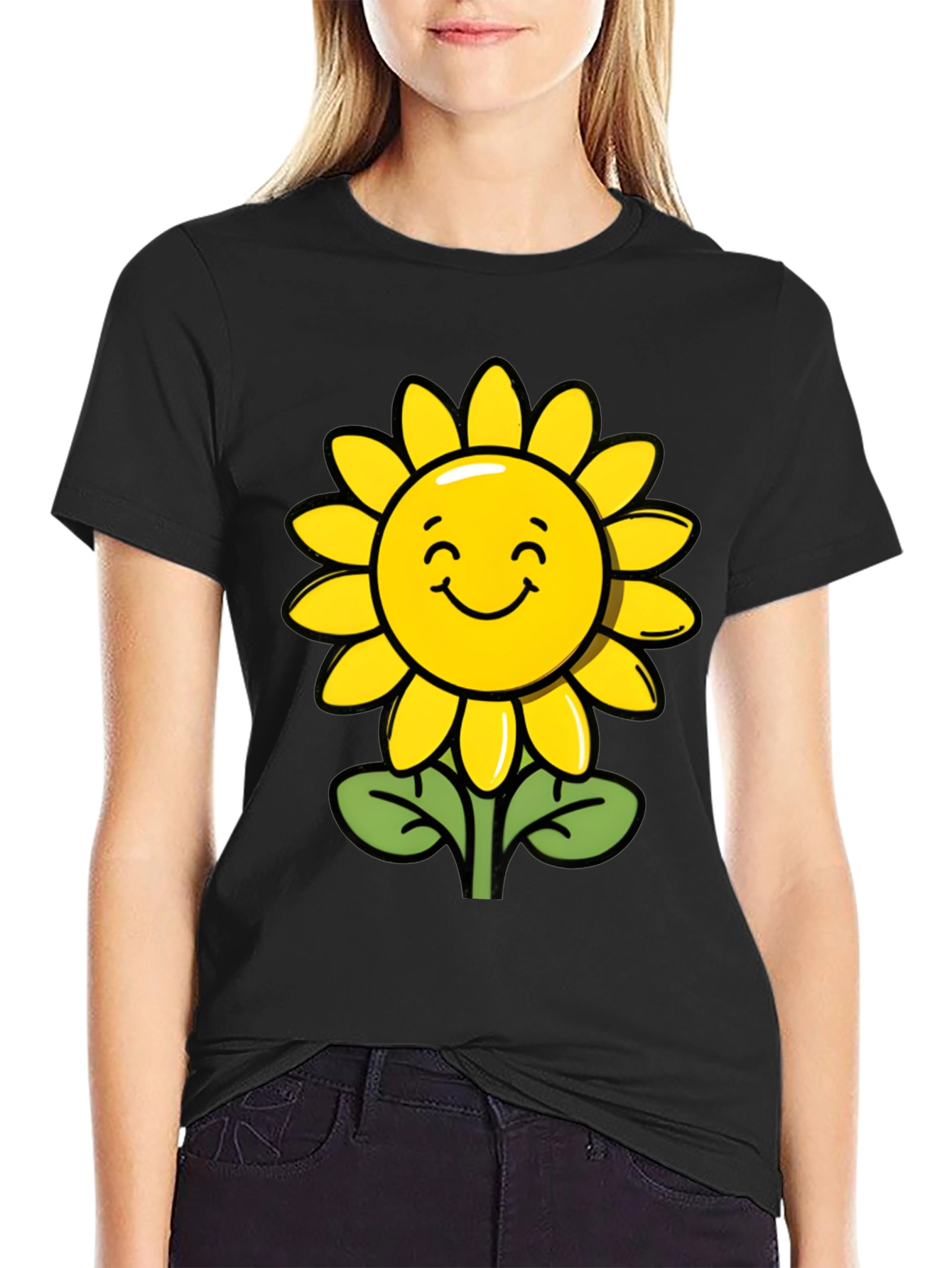 Happy Sunflower Graphic Tee - Black Cotton T-Shirt