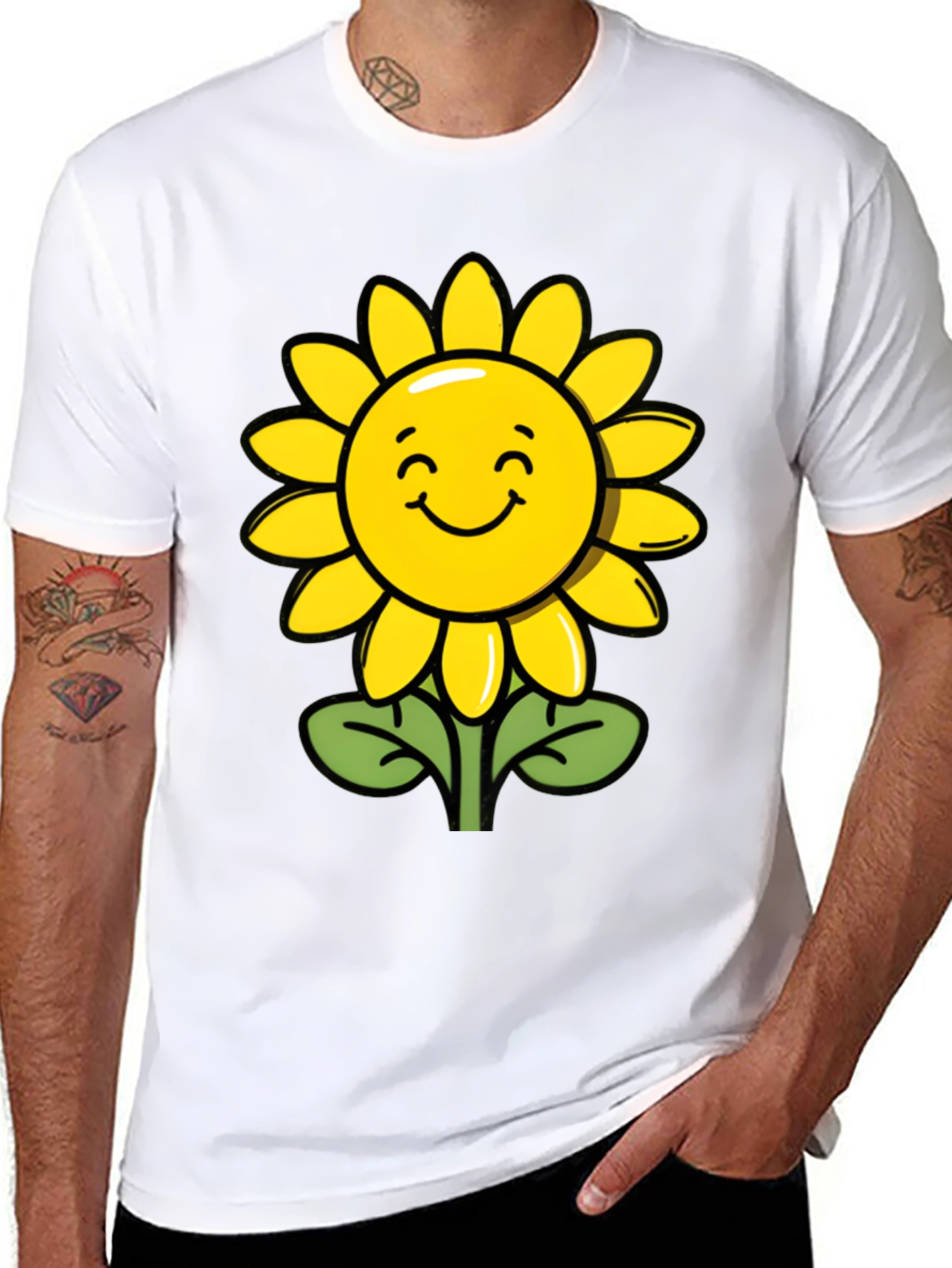 Happy Sunflower Graphic Tee - Black Cotton T-Shirt