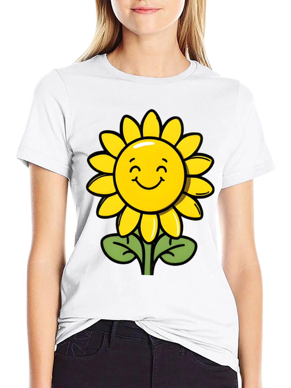 Happy Sunflower Graphic Tee - Black Cotton T-Shirt