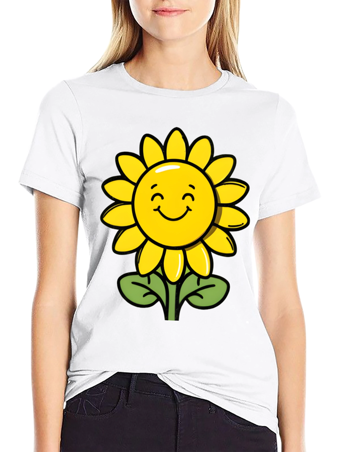Happy Sunflower Graphic Tee - Black Cotton T-Shirt