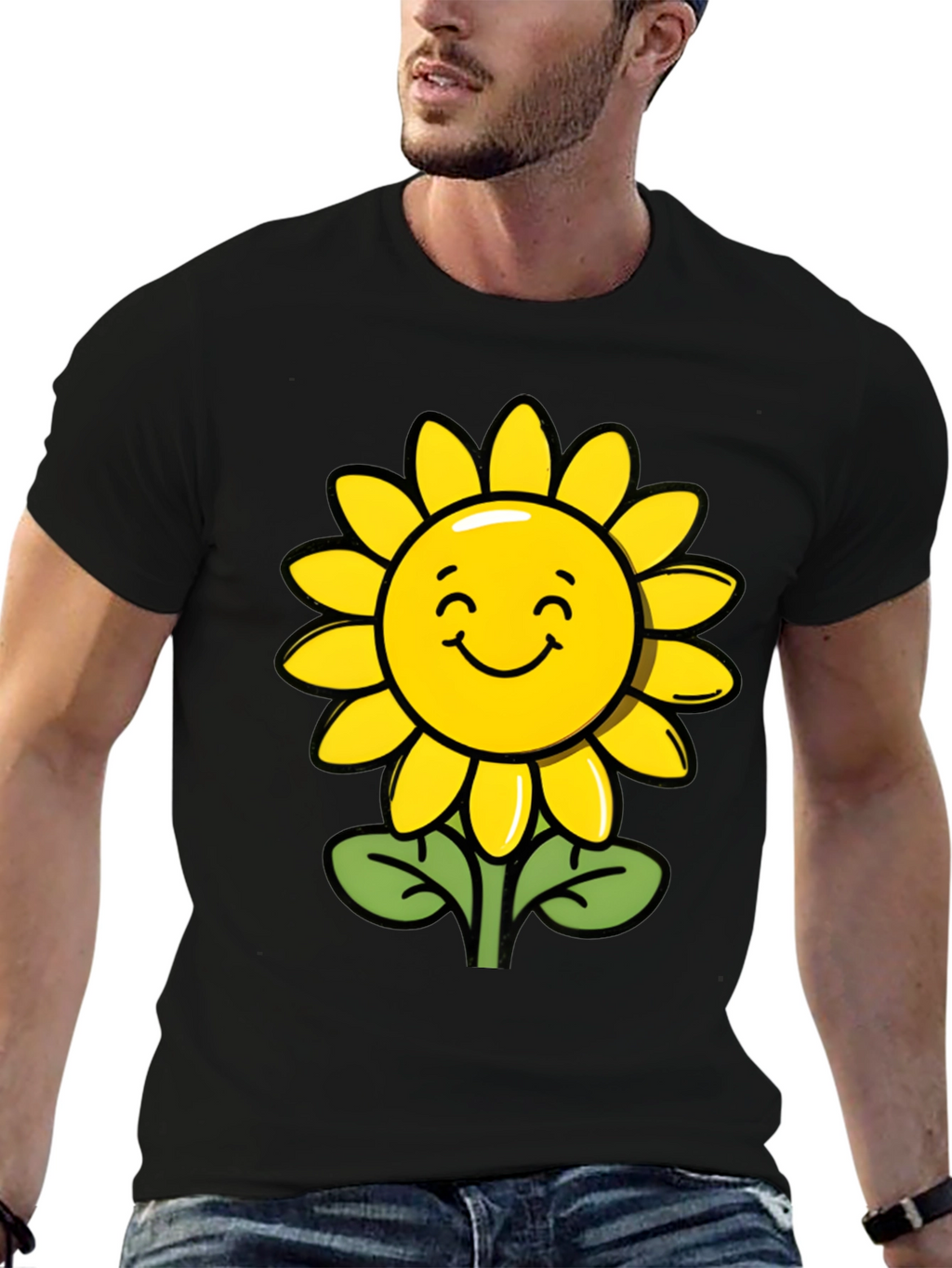 Happy Sunflower Graphic Tee - Black Cotton T-Shirt