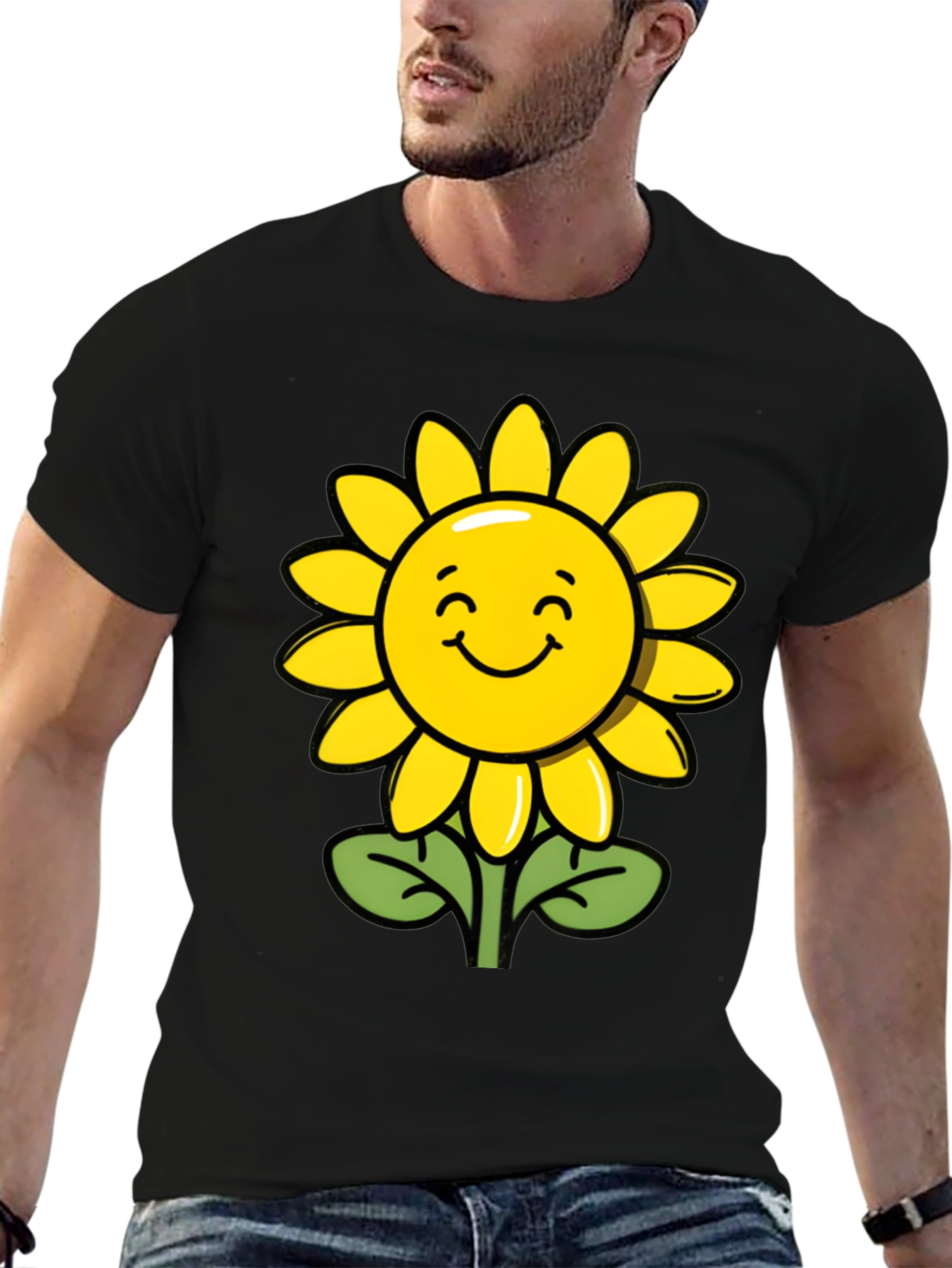 Happy Sunflower Graphic Tee - Black Cotton T-Shirt