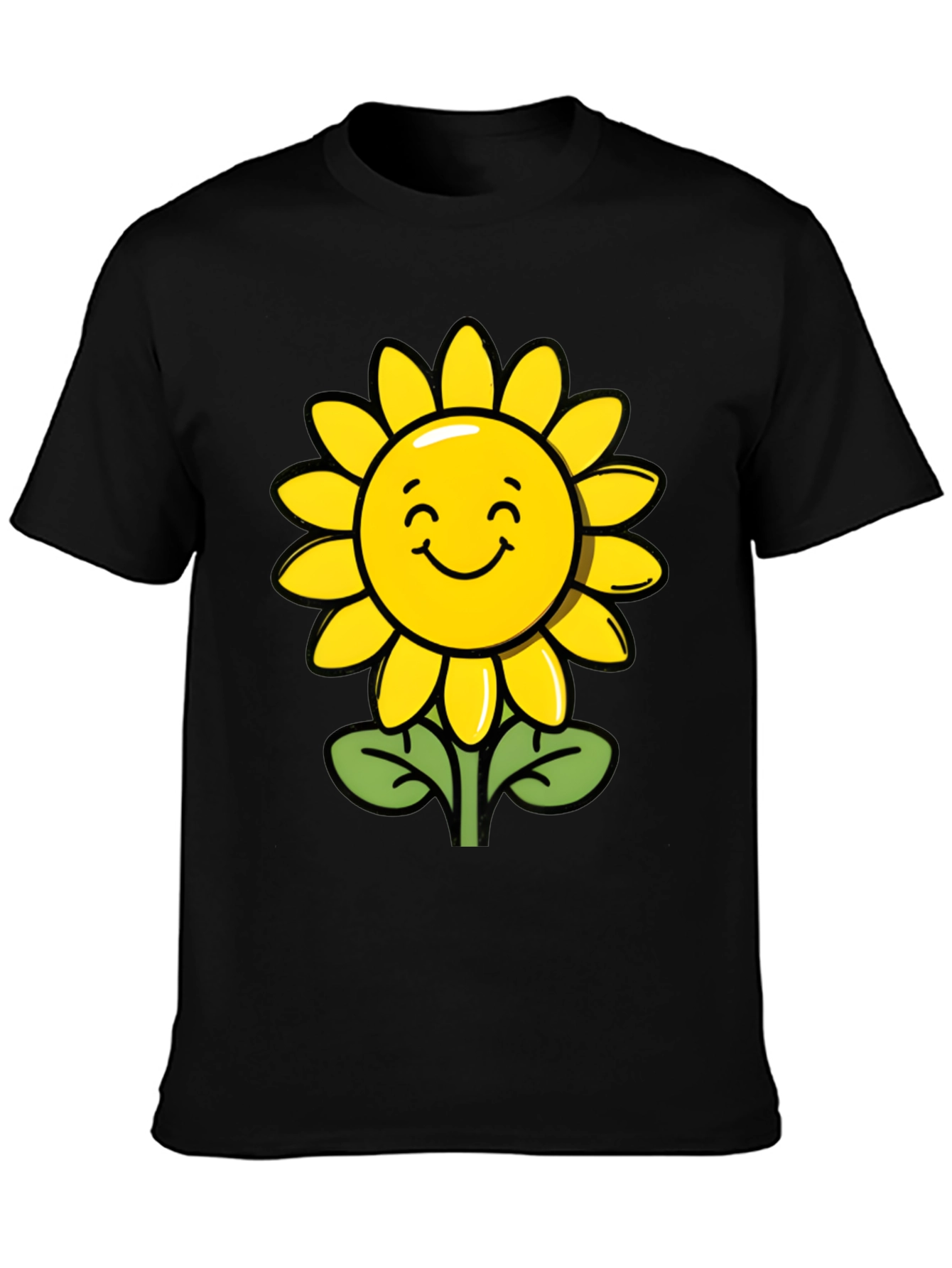 Happy Sunflower Graphic Tee - Black Cotton T-Shirt