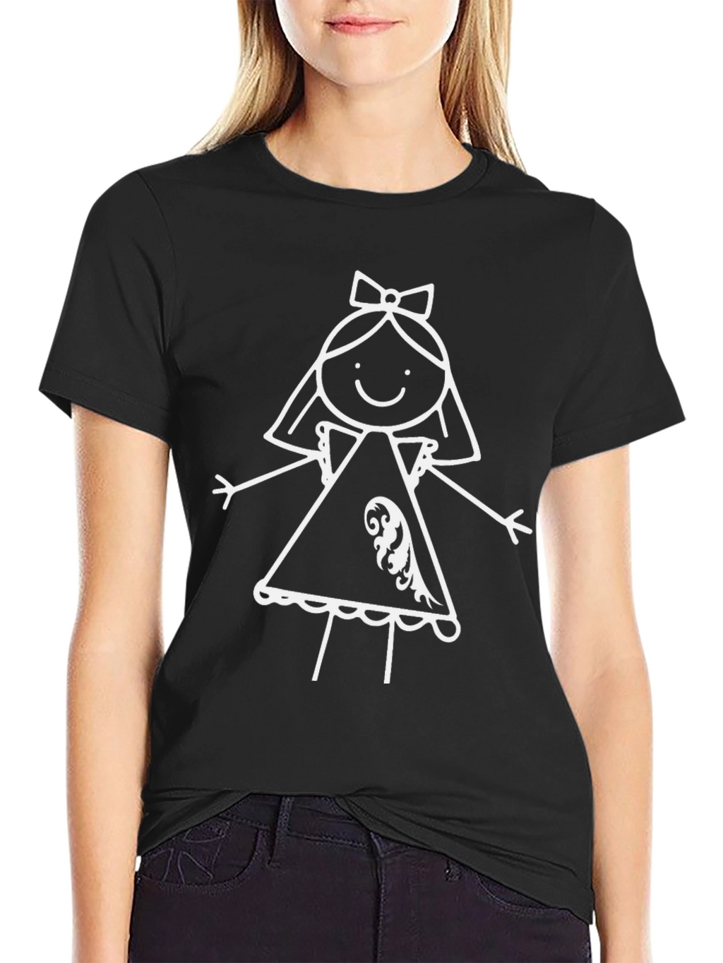 Whimsical Girls Drawing T-Shirt - Black Cotton Tee