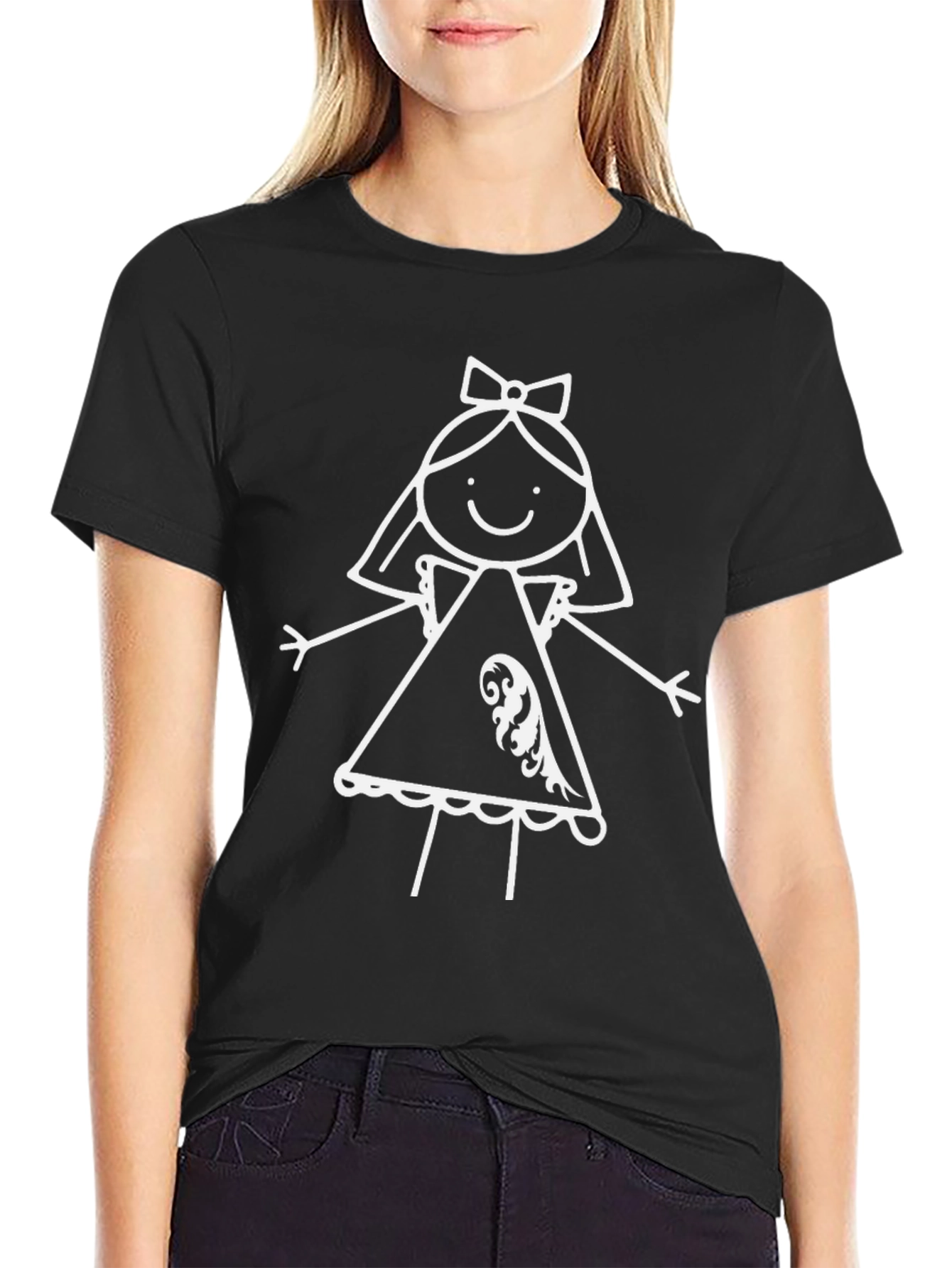 Whimsical Girls Drawing T-Shirt - Black Cotton Tee